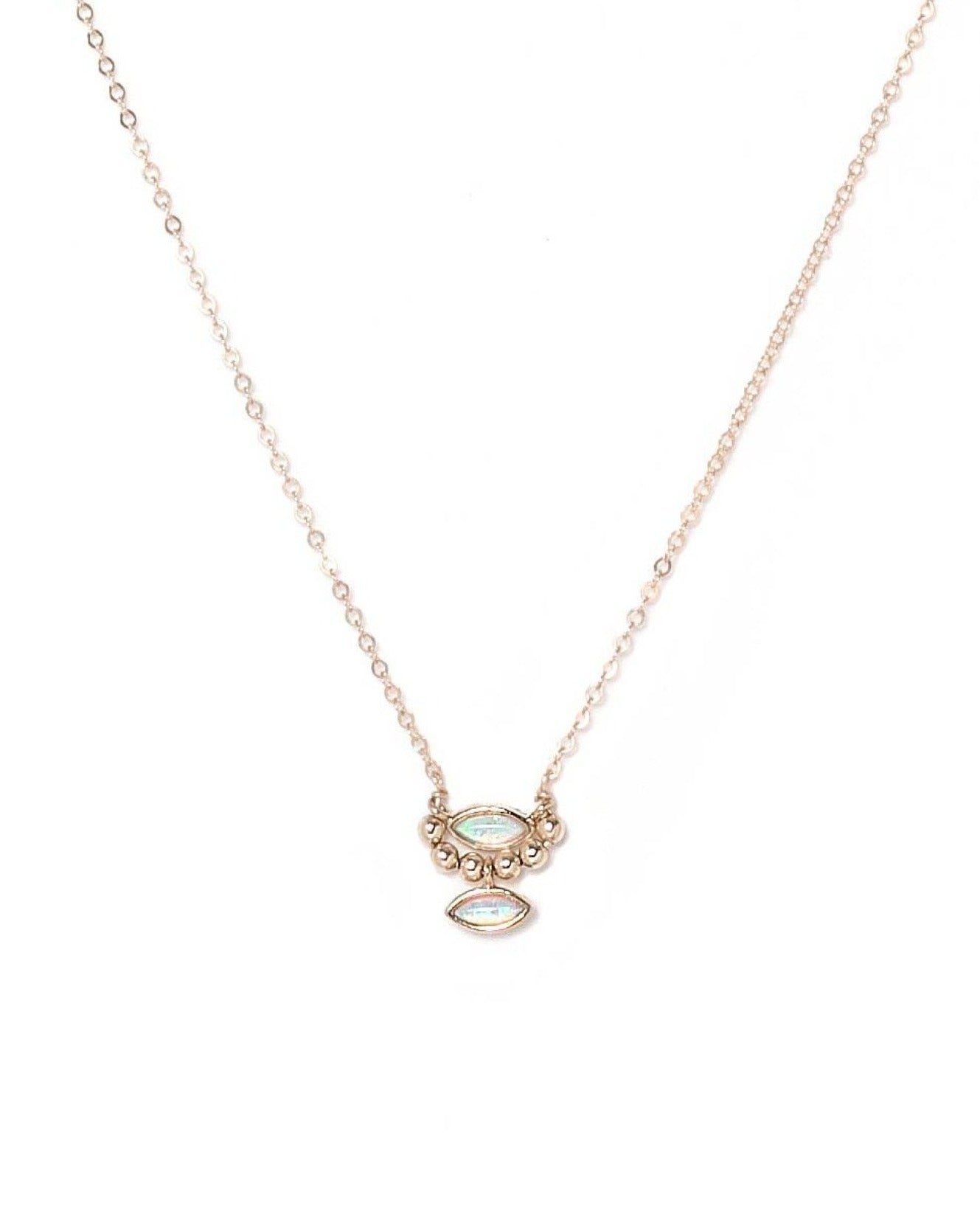 Alastar Necklace by KOZAKH. A 16 to 18 inch adjustable length necklace in 14K Gold Filled, featuring Marquise Opal charms and 2mm Gold Filled balls.