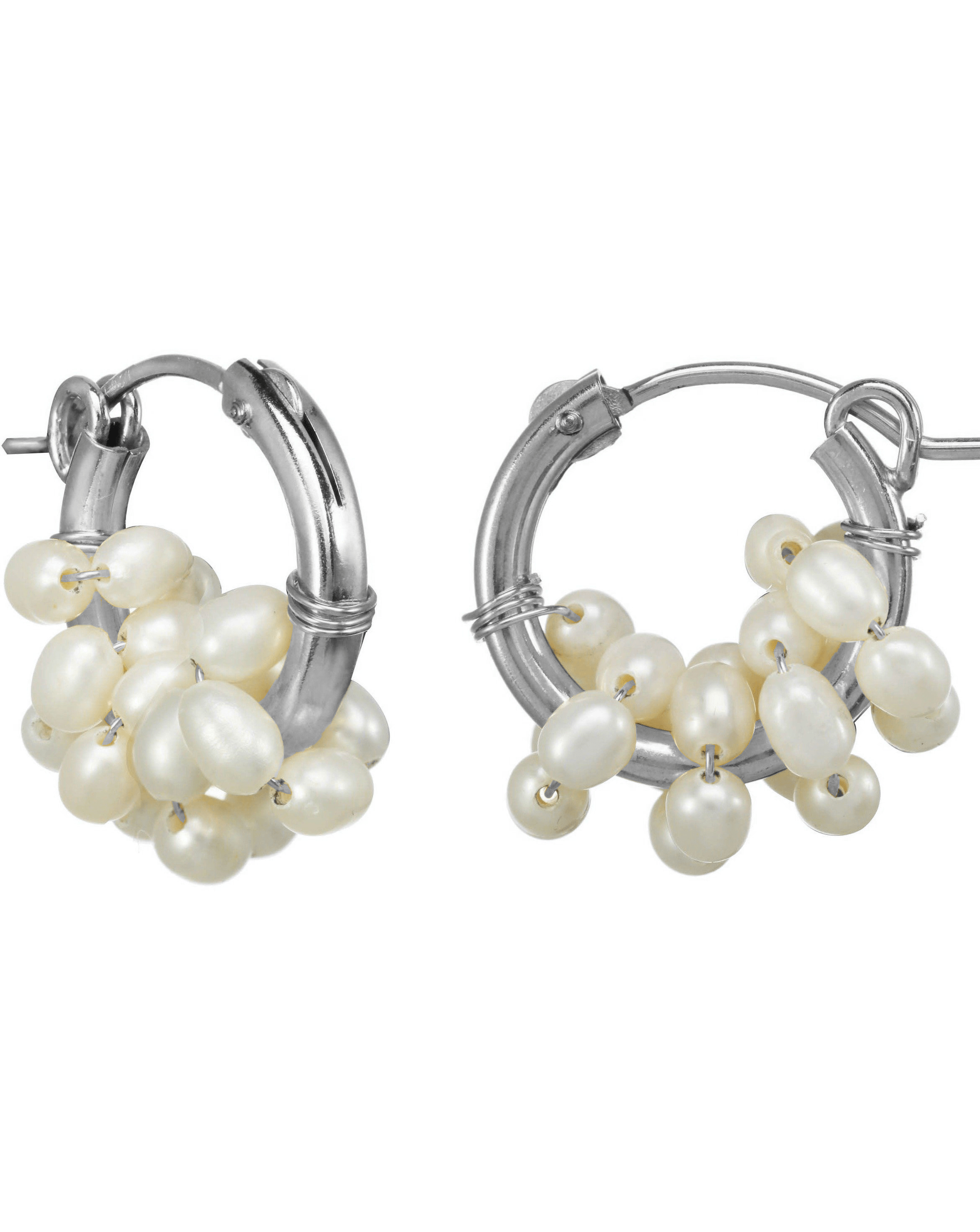 Areese Hoop Earrings by KOZAKH. 15mm hoop earrings with snap closure, crafted in Sterling Silver and embellished with 5mm white Rice Pearls.