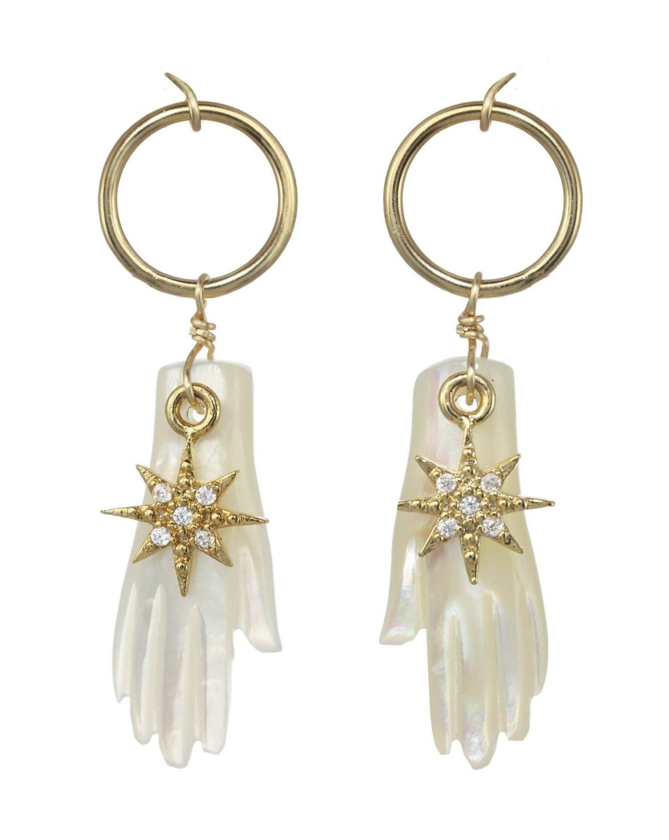 Astra Earrings by KOZAKH. Dangling earrings in 14K Gold Filled, featuring a hand carved Mother of Pearl hand charm and a Cubic Zirconia star charm.