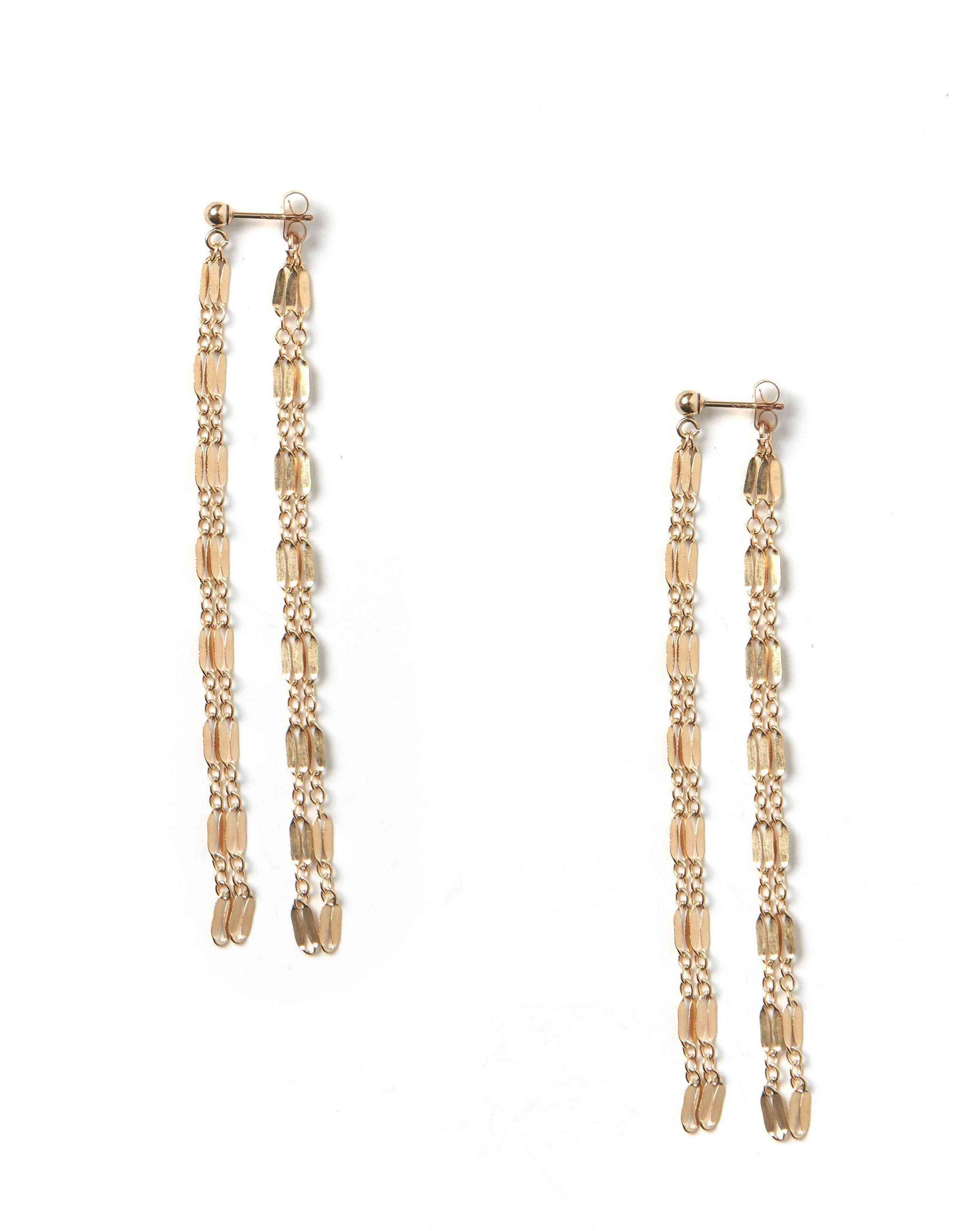 Avenas Earrings by KOZAKH. Double chain style drop earrings in 14K Gold Filled with earring drop length of 3 inches.