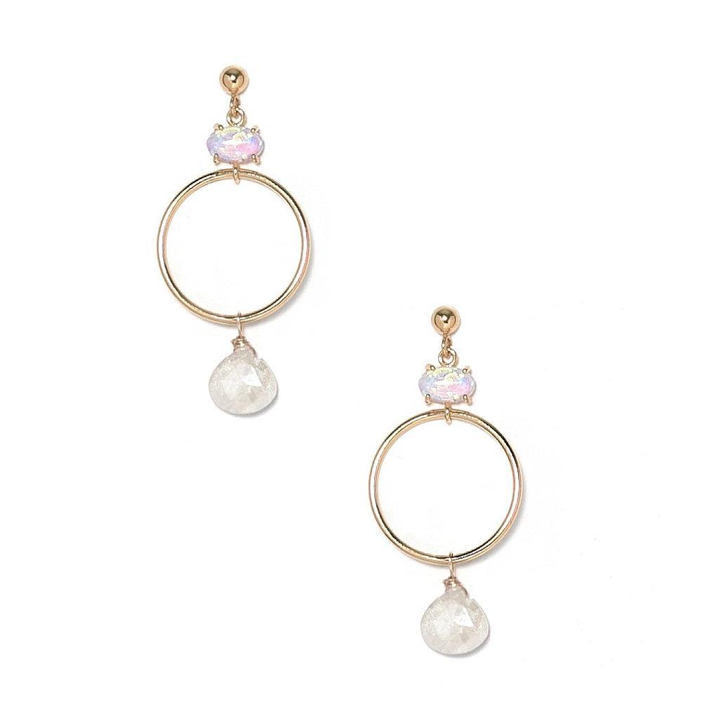 Azuu Earrings by KOZAKH. A 1 1/2 inch dangling earrings in 14K Gold Filled, featuring an Opal charm and a faceted White Sapphire.