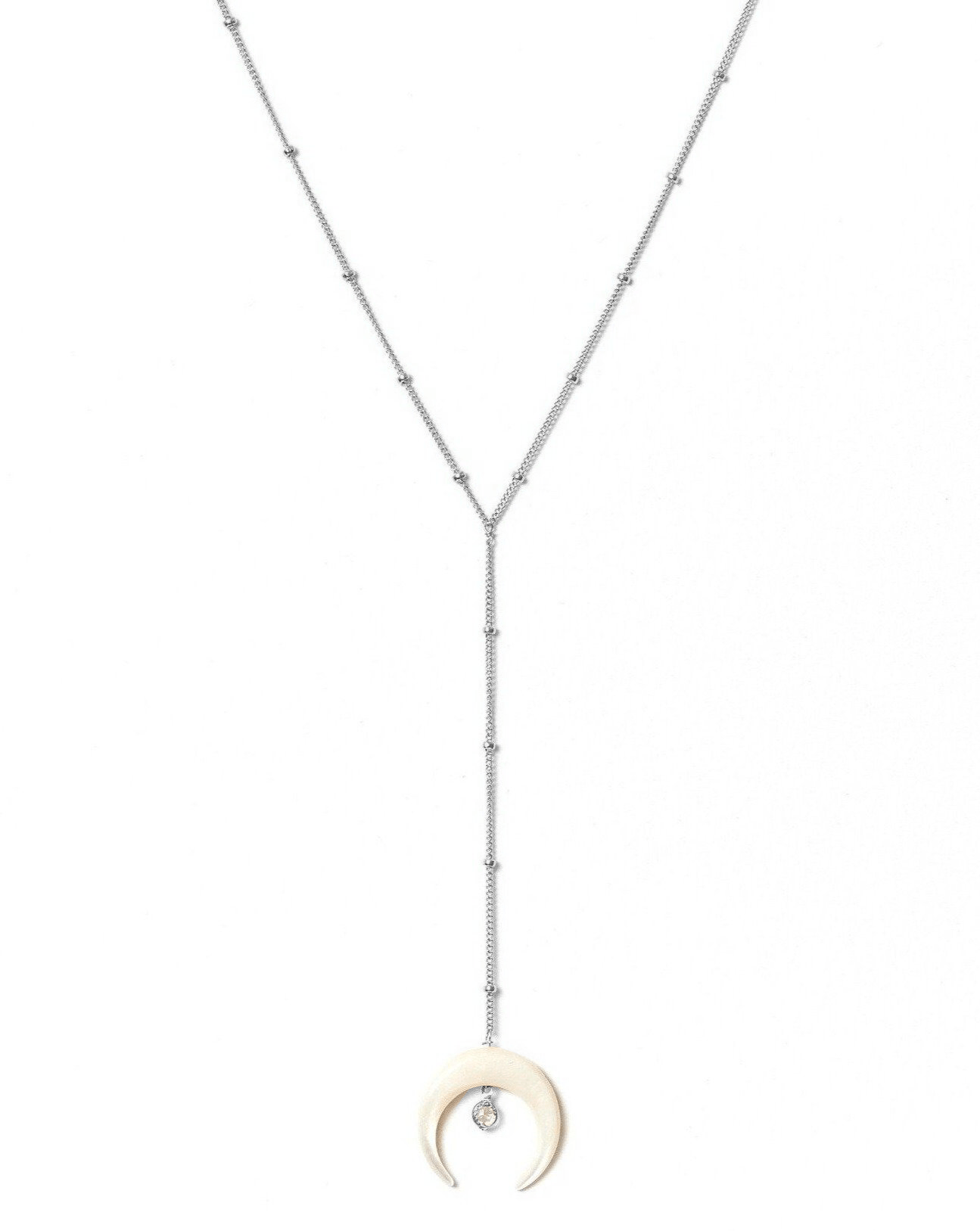 Baque Lar Necklace by KOZAKH. A 16 to 18 inch adjustable length, 3 inches chain drop lariat style necklace in Sterling Silver, featuring a hand-carved Mother of Pearl moon charm and a 2mm Swarovski Crystal.