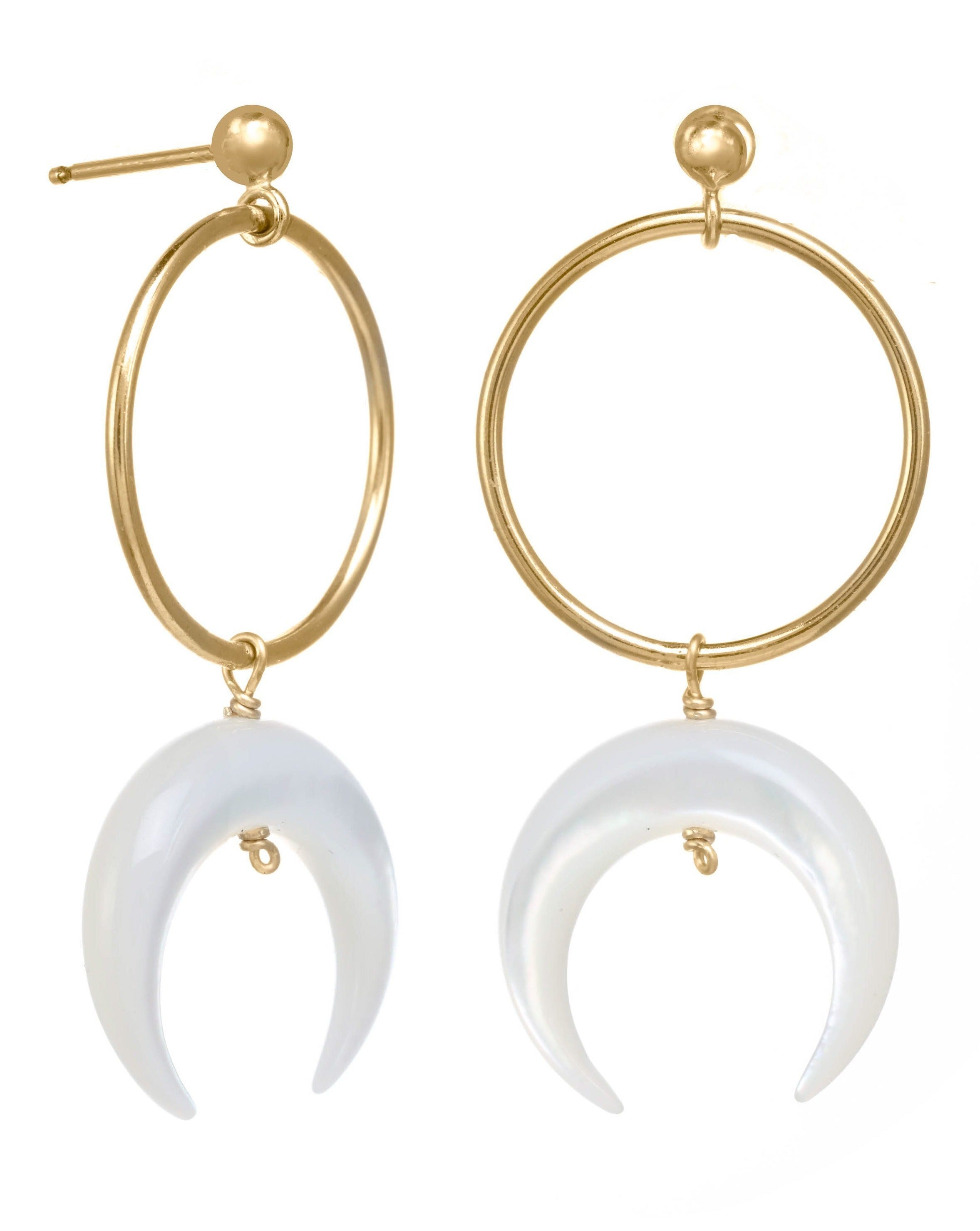 Baques Earrings by KOZAKH. Dangling earrings in 14K Gold Filled, featuring a hand-carved Mother of Pearl moon charm.