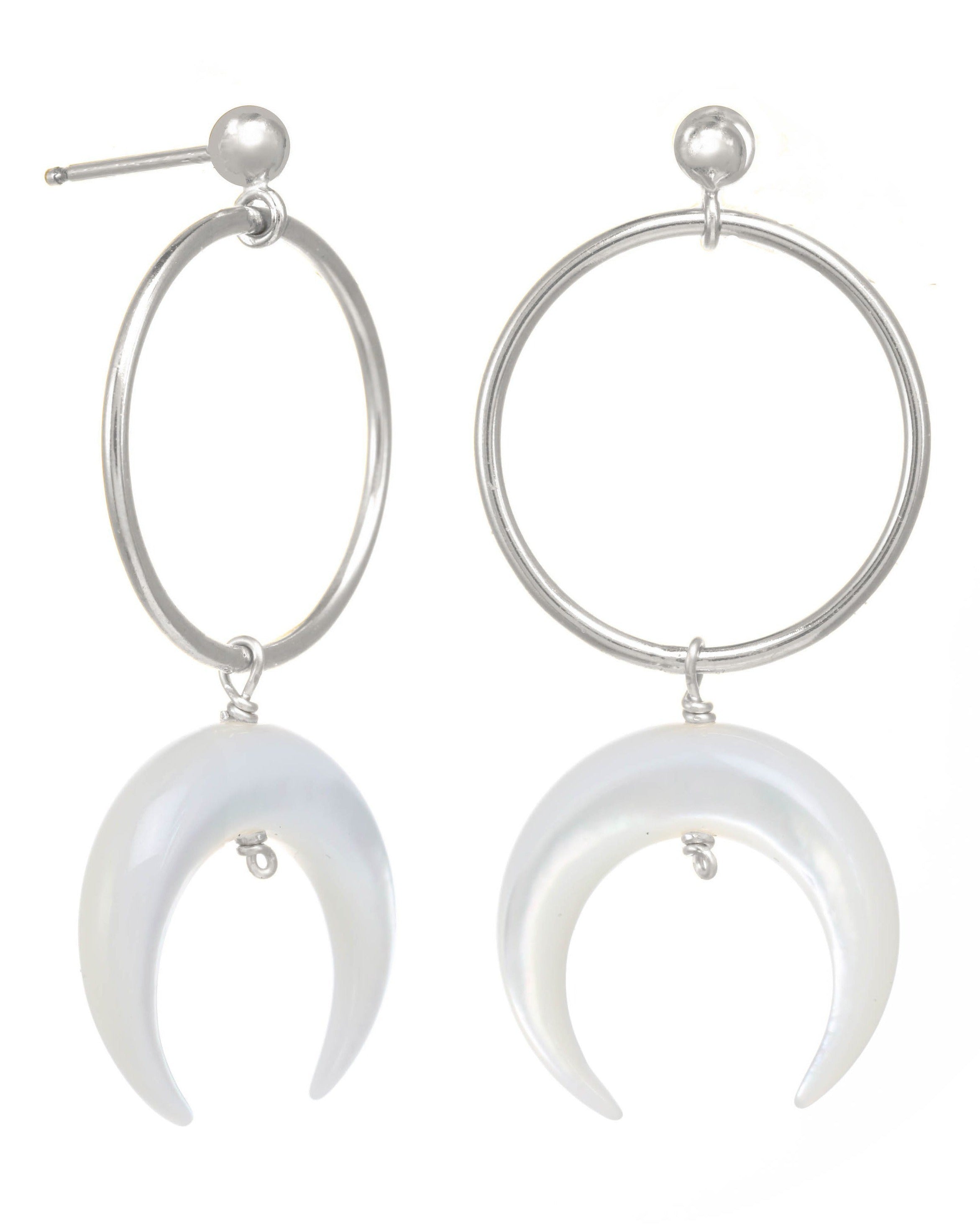 Baques Earrings by KOZAKH. Dangling earrings in Sterling Silver, featuring a hand-carved Mother of Pearl moon charm.