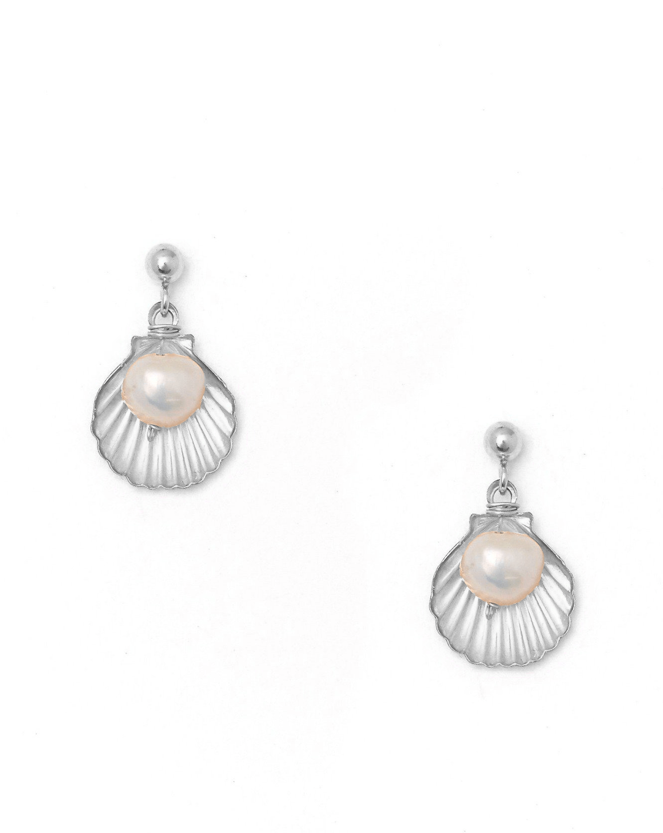 Belle Earrings by KOZAKH. Dangling earrings in Sterling Silver, featuring a 5mm flat irregular Pearl and a Shell charm.