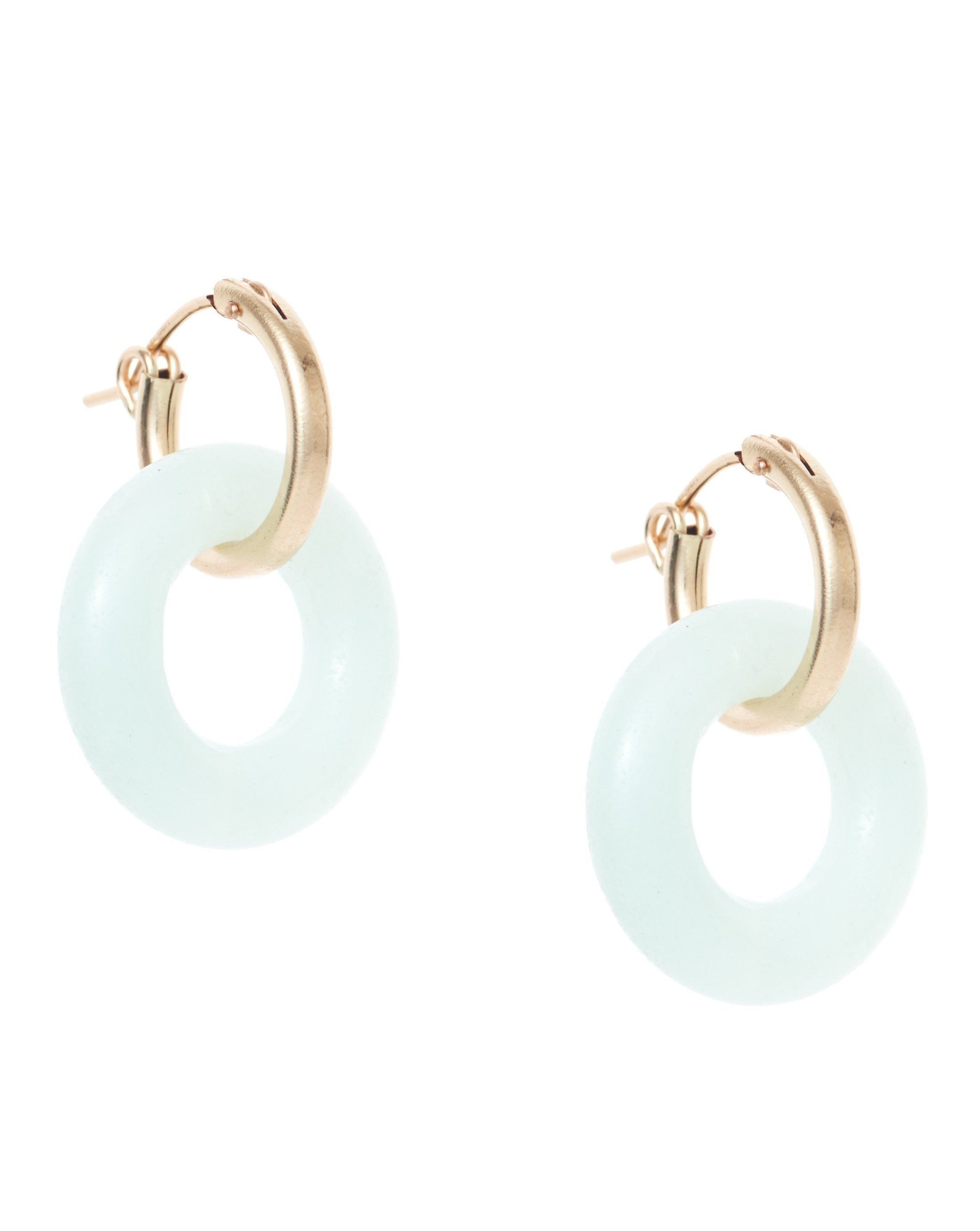 Cerceau Hoops by Kozakh. 15mm hoop earrings with snap closure, crafted in 14K Gold Filled, featuring a doughnut shape Amazonite gemstone.