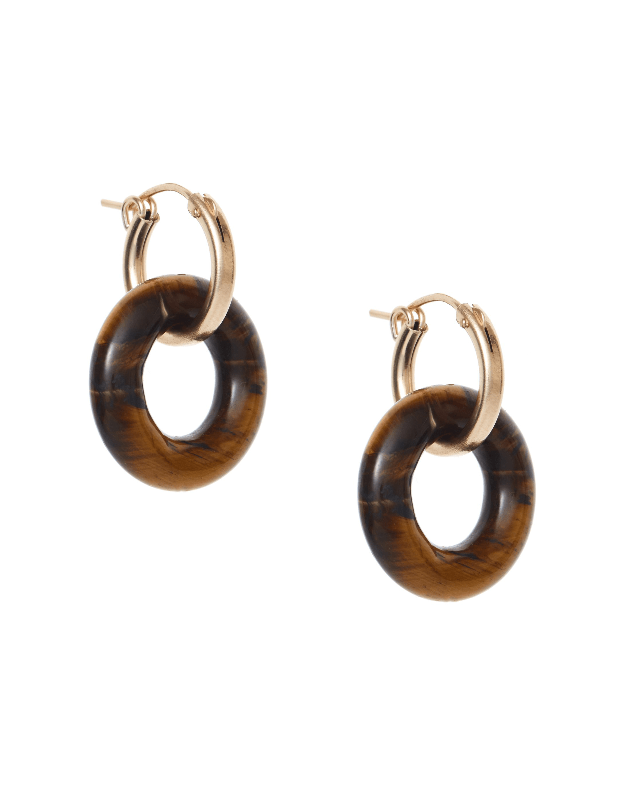 Cerceau Hoops by Kozakh. 15mm hoop earrings with snap closure, crafted in 14K Gold Filled, featuring a doughnut shape Tiger's Eye gemstone.