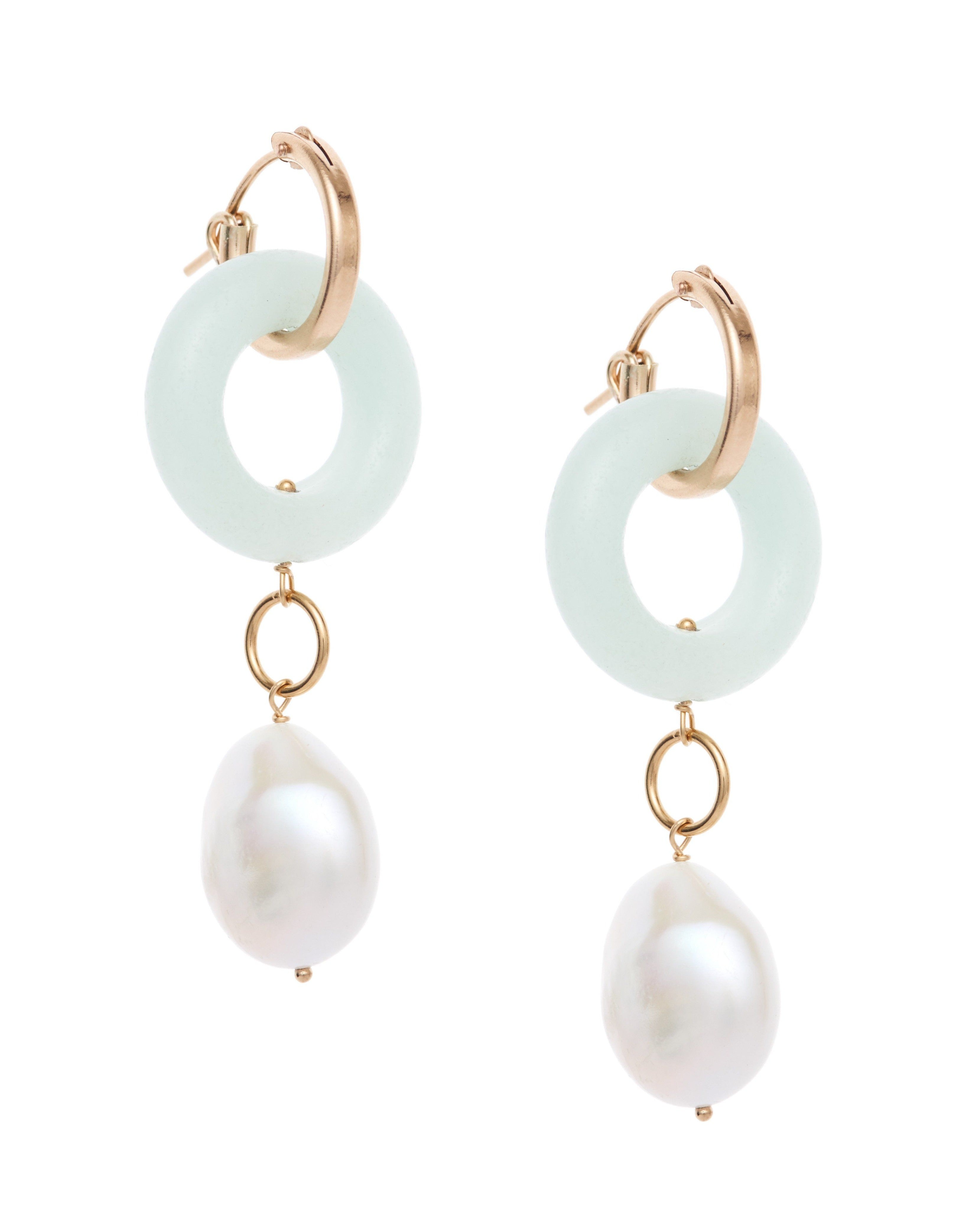 Cerceau Pearl Hoops by Kozakh. 15mm hoop dangling earrings with snap closure, crafted in 14K Gold Filled, featuring a doughnut shape Amazonite gemstone and a Baroque Pearl.