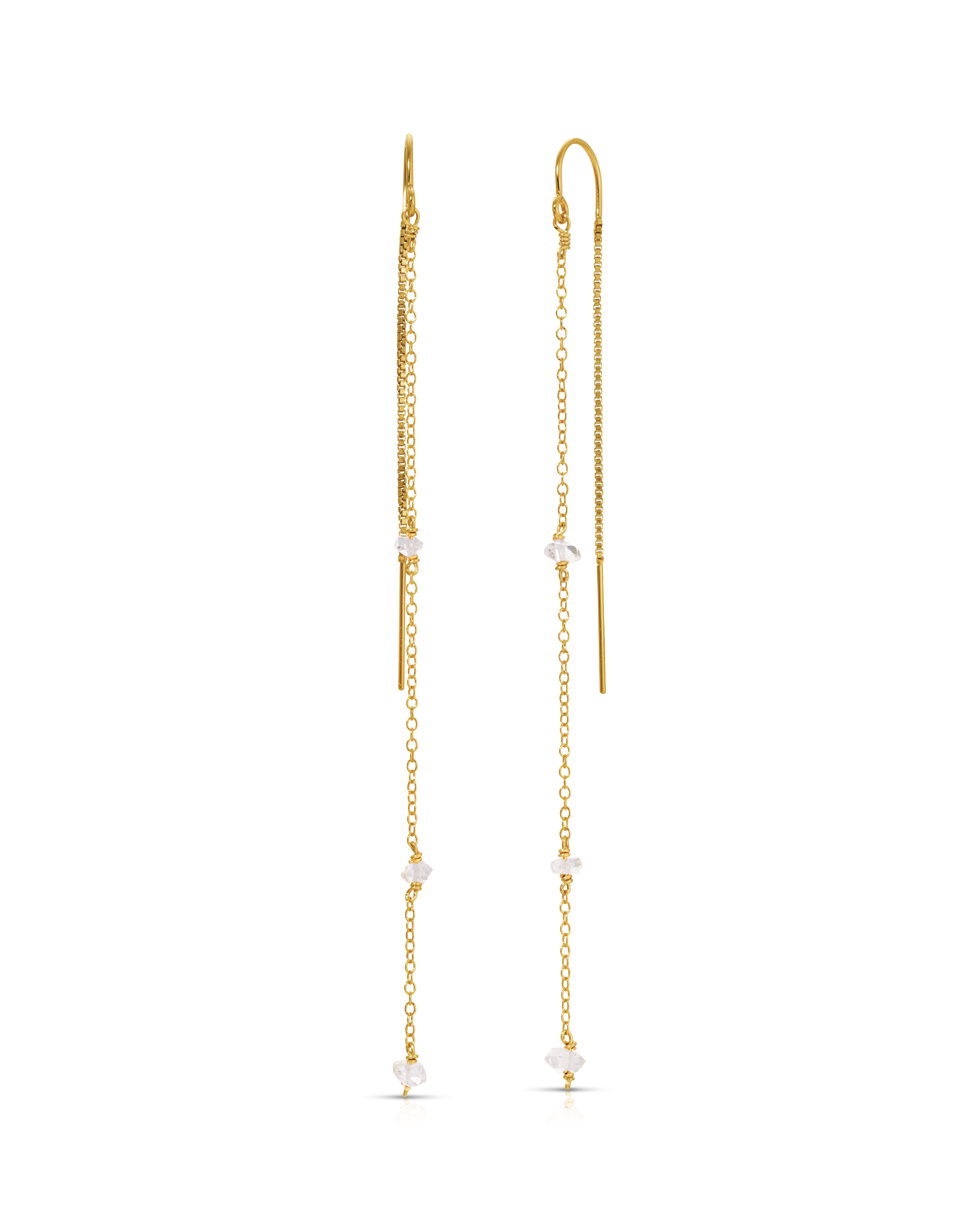 Chatoyant Threader Earrings by KOZAKH. 2 1/2 inch drop threader earrings in 14K Gold Filled, featuring Herkimer Diamonds.
