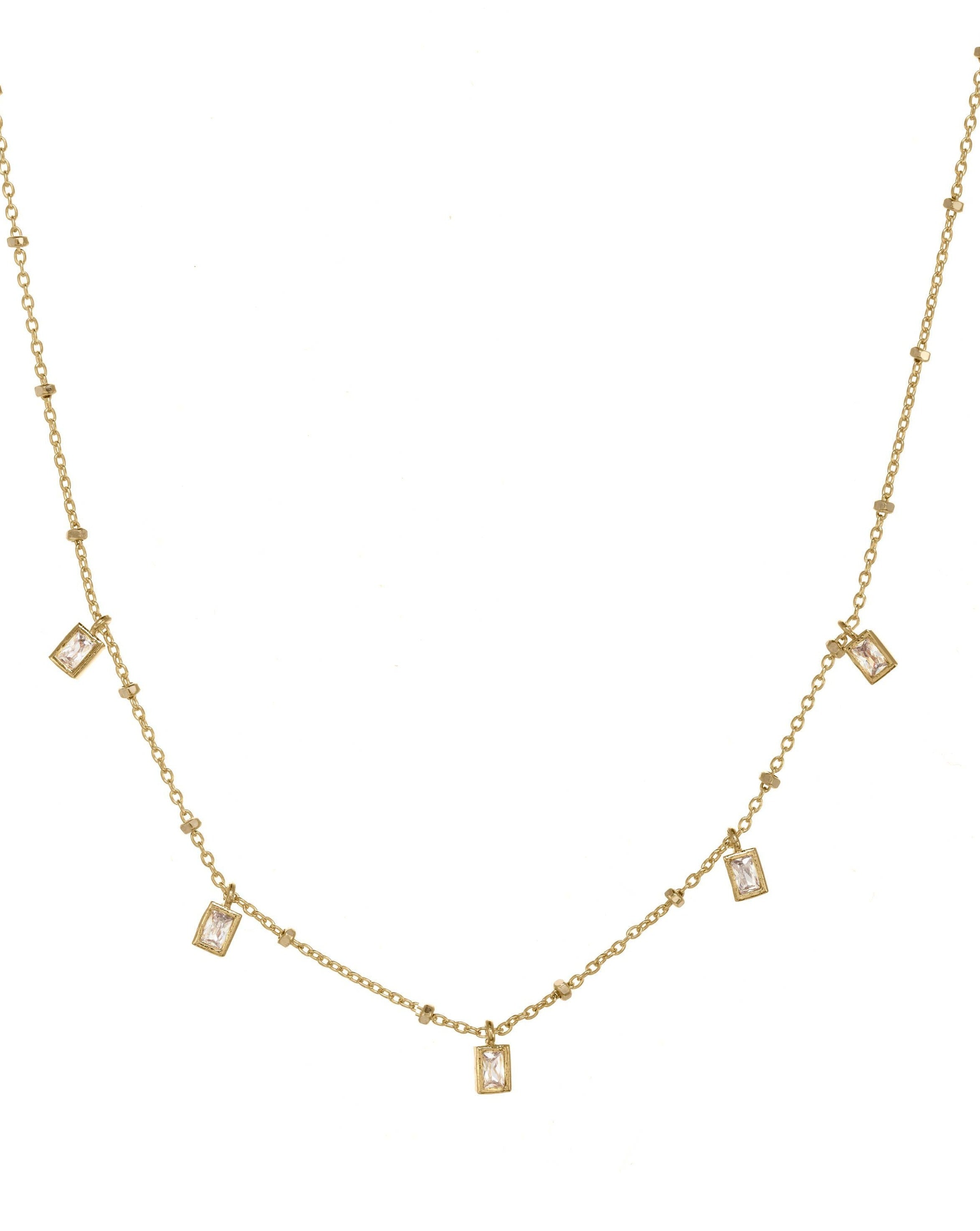 Cinco Necklace by KOZAKH. A 16 inch long necklace in 14K Gold Filled, featuring 3mm rectangular Cubic Zirconias.