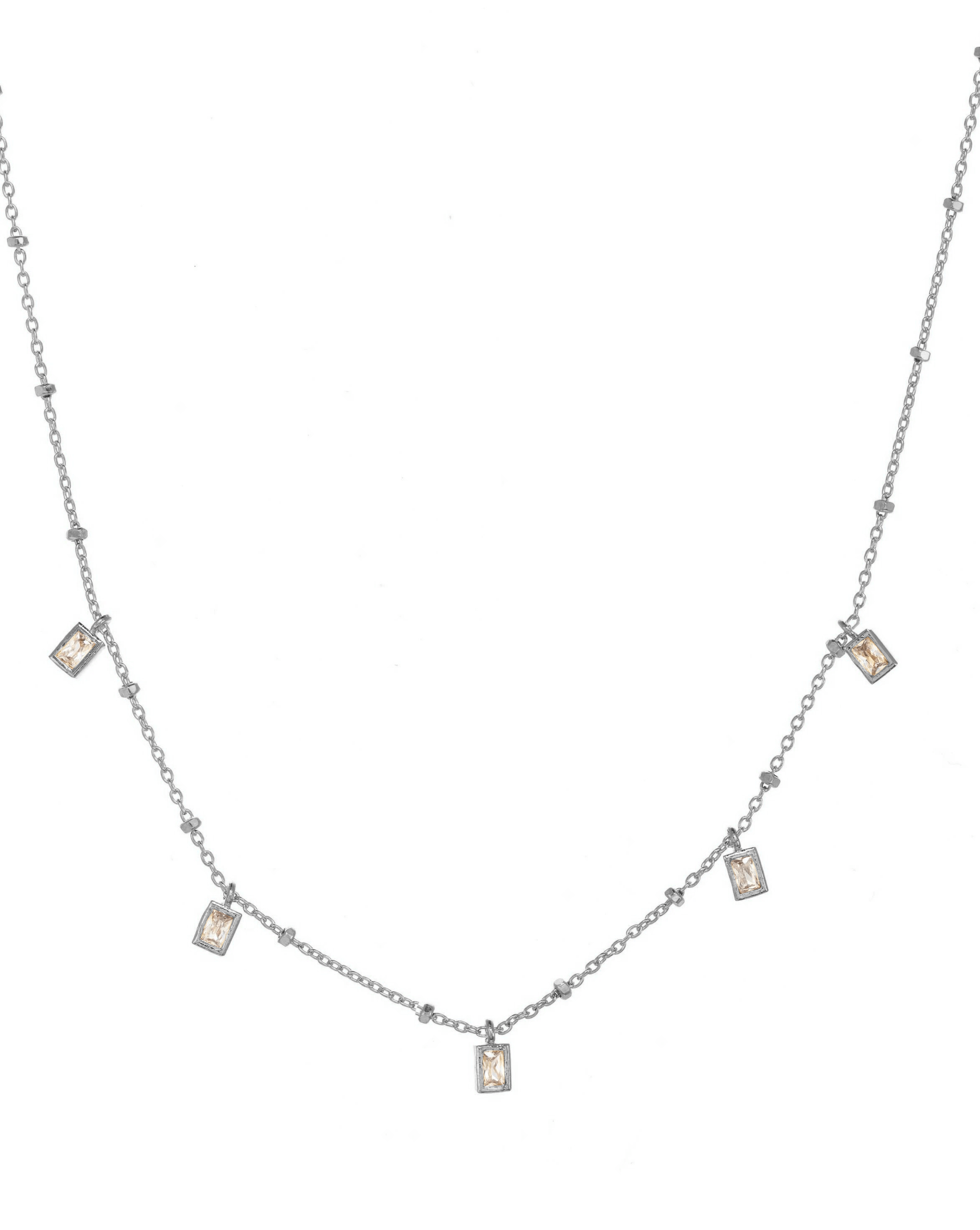 Cinco Necklace by KOZAKH. A 16 inch long necklace in Sterling Silver, featuring 3mm rectangular Cubic Zirconias.