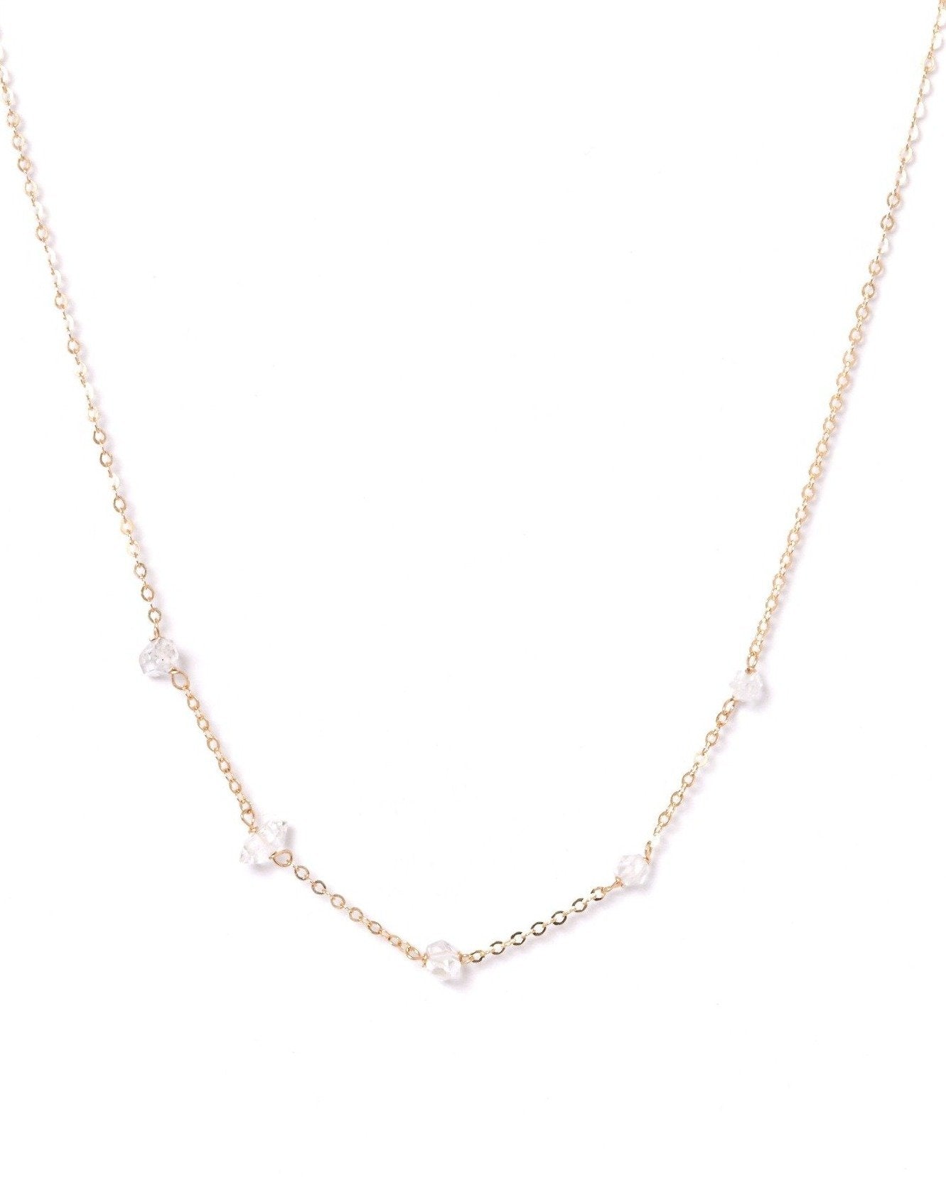 Cinq Herkimer Necklace by KOZAKH. A 16 inch long necklace in 14K Gold Filled, featuring Herkimer Diamonds.
