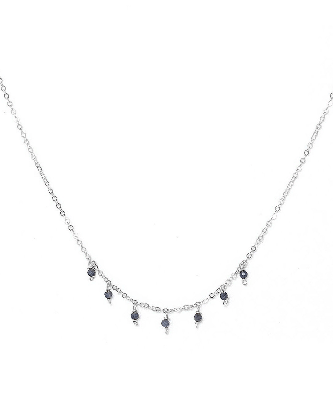 Cuy Necklace by KOZAKH. A 16 to 18 inch adjustable length necklace in Sterling Silver, featuring 2mm faceted round Sapphire gems.
