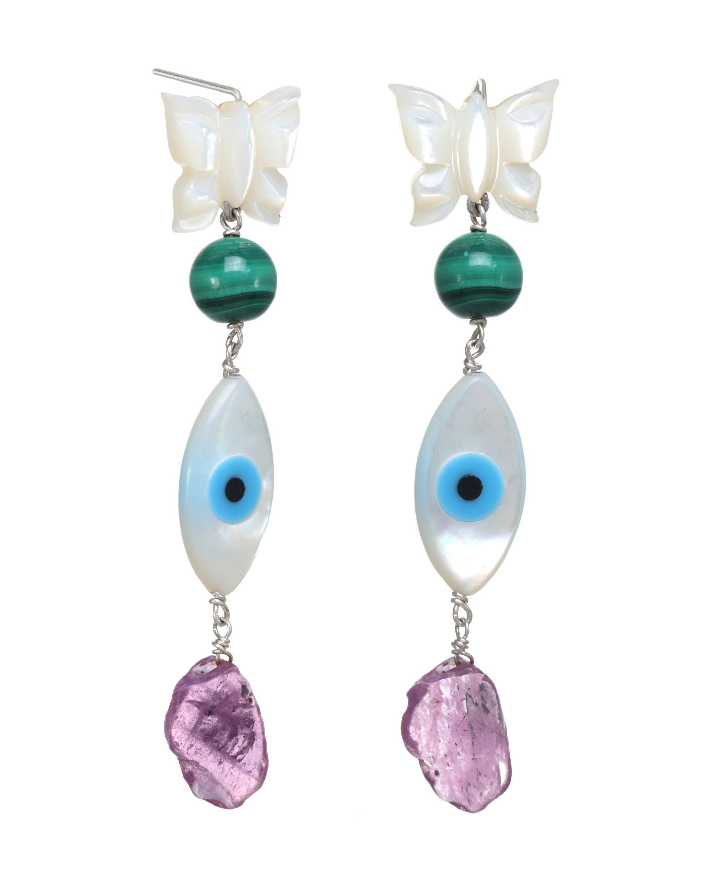 Dulce Earrings by KOZAKH. 3 inch drop dangling earrings, crafted in Sterling Silver, featuring a Mother of Pearl Butterfly charm, a round cut Malachite, a hand-carved Mother of Pearl eye charm, and a Pink Tourmaline shard.