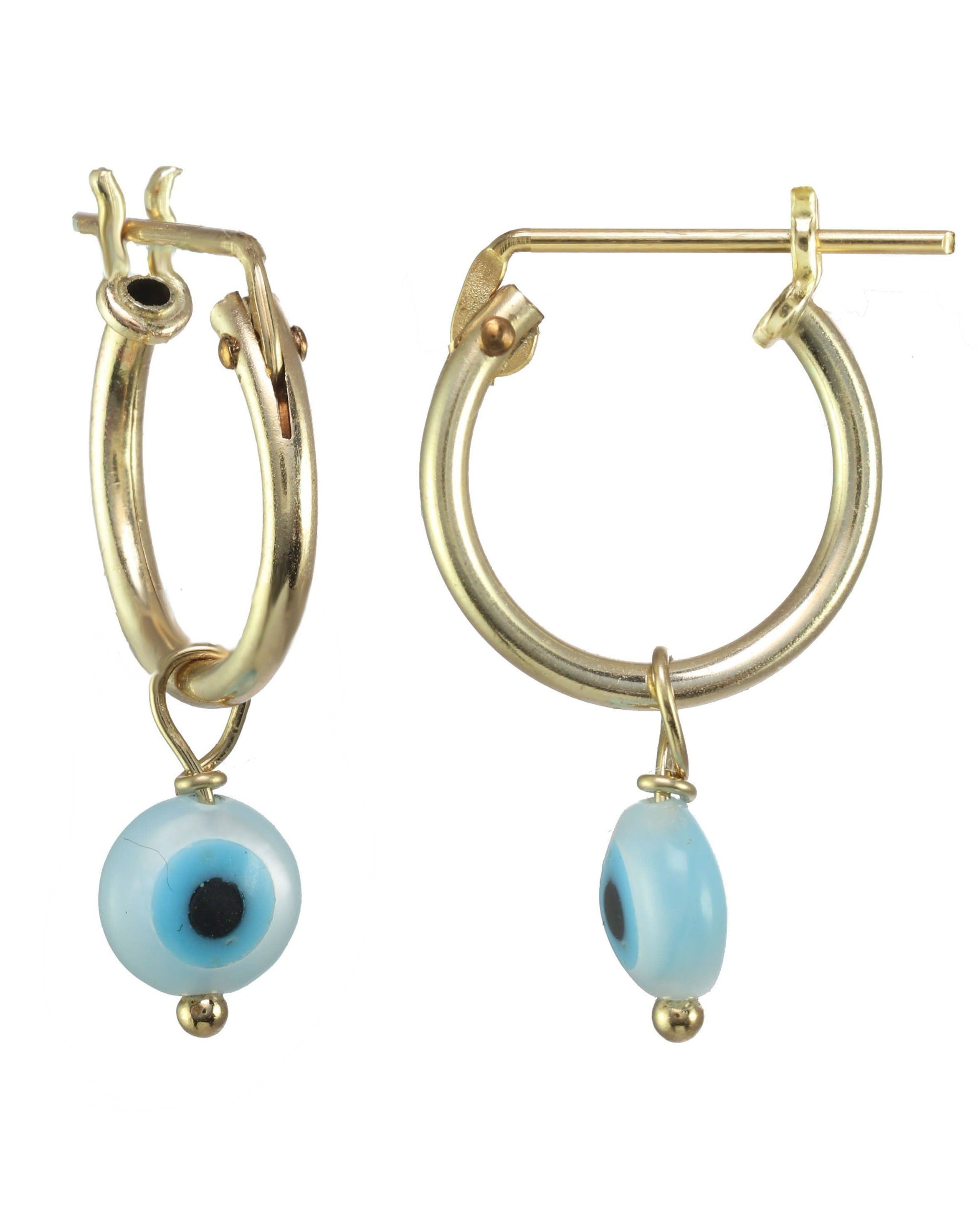 Ellie Hoops by Kozakh. 12mm hoop earrings, crafted in 14K Gold Filled, featuring a Mother of Pearl Evil Eye.