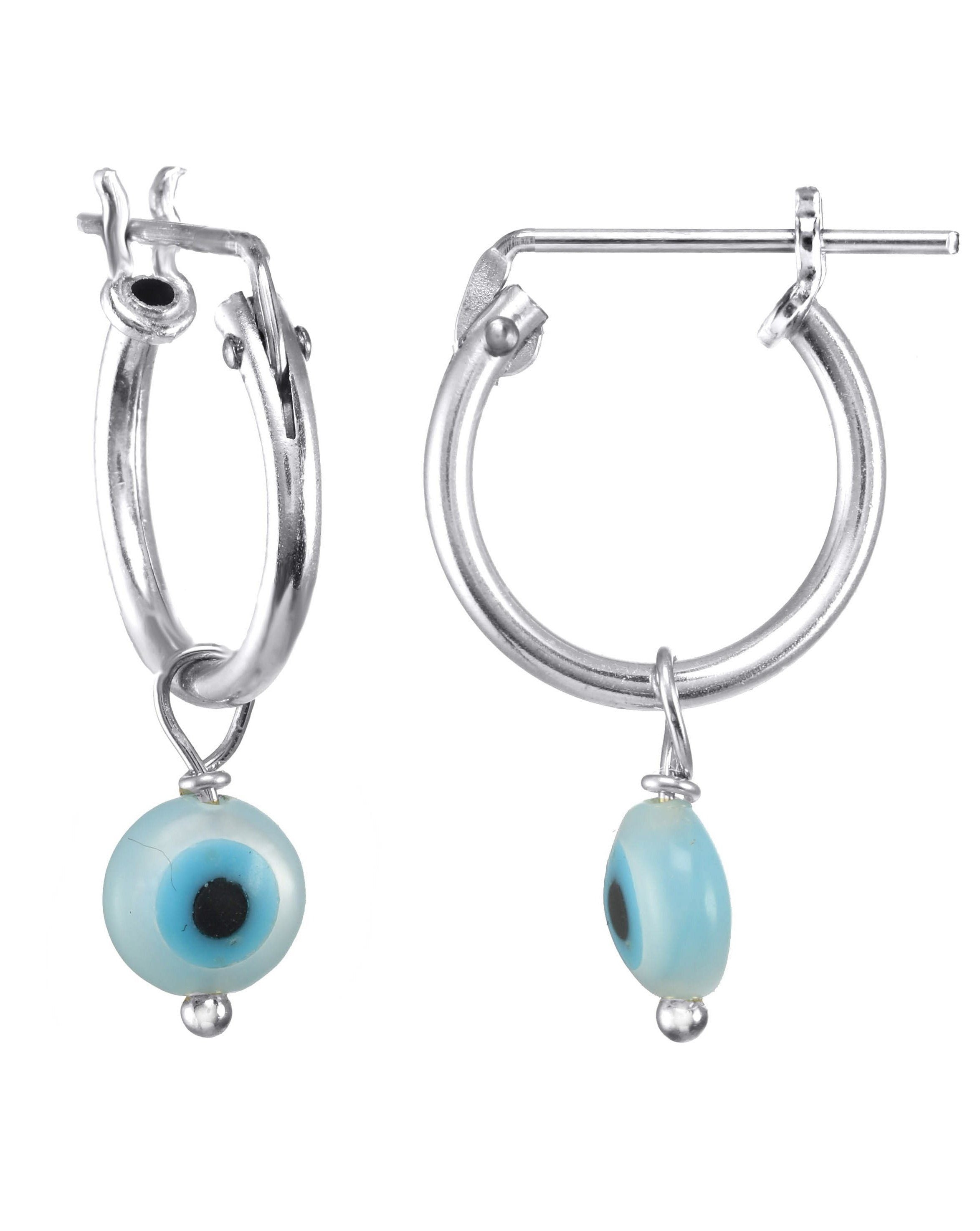 Ellie Hoops by Kozakh. 12mm hoop earrings, crafted in Sterling Silver, featuring a Mother of Pearl Evil Eye.
