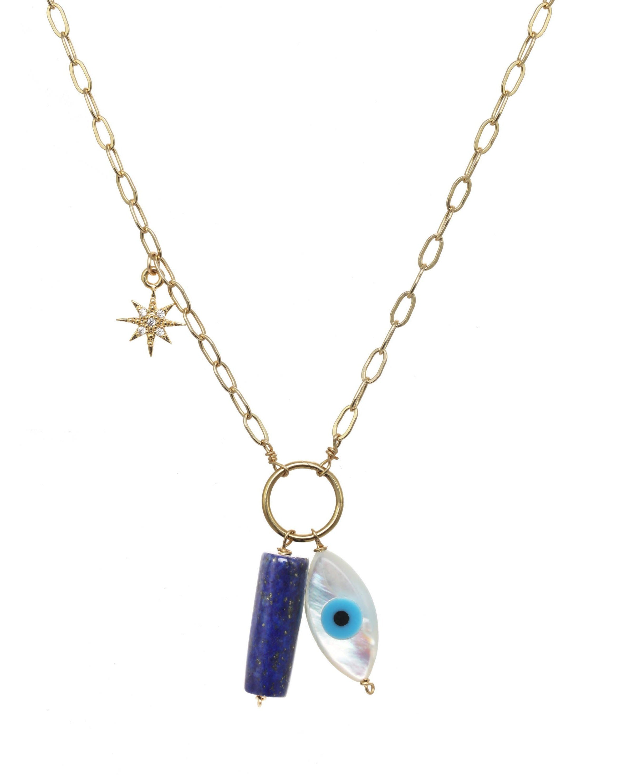 Eye Chakra Necklace by KOZAKH. A 14K Gold Filled necklace with adjustable length from 20 inches, featuring a hand carved Mother of Pearl Evil Eye, a cylindrical cut Lapis, and a Cubic Zirconia encrusted star charm.