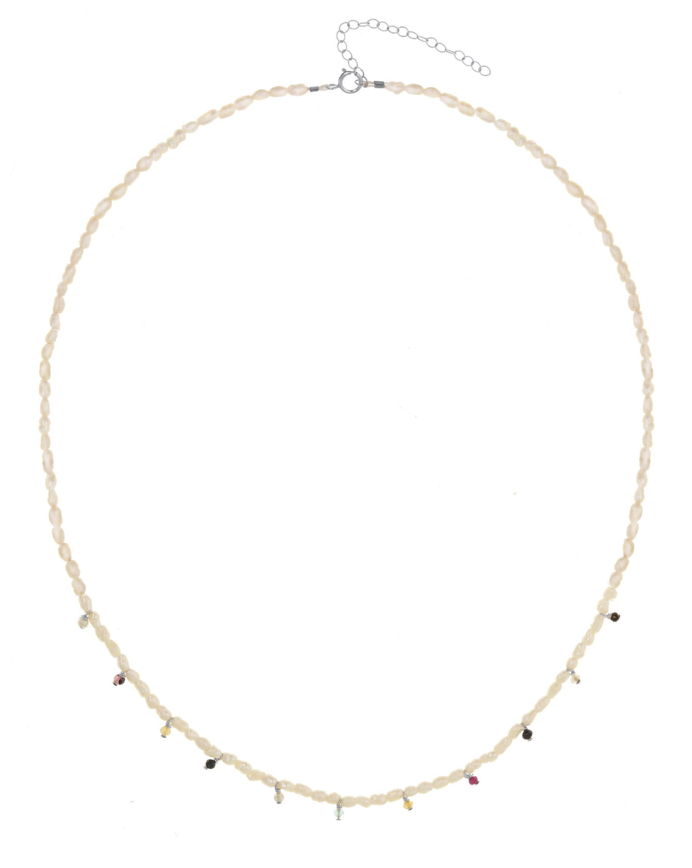 Fiesta Necklace by KOZAKH. A 16 to 18 inch long strand of Freshwater Rice Pearl necklace, crafted in Sterling Silver, featuring Aquamarine, Sapphire, Ruby, and Tourmaline gemstones.