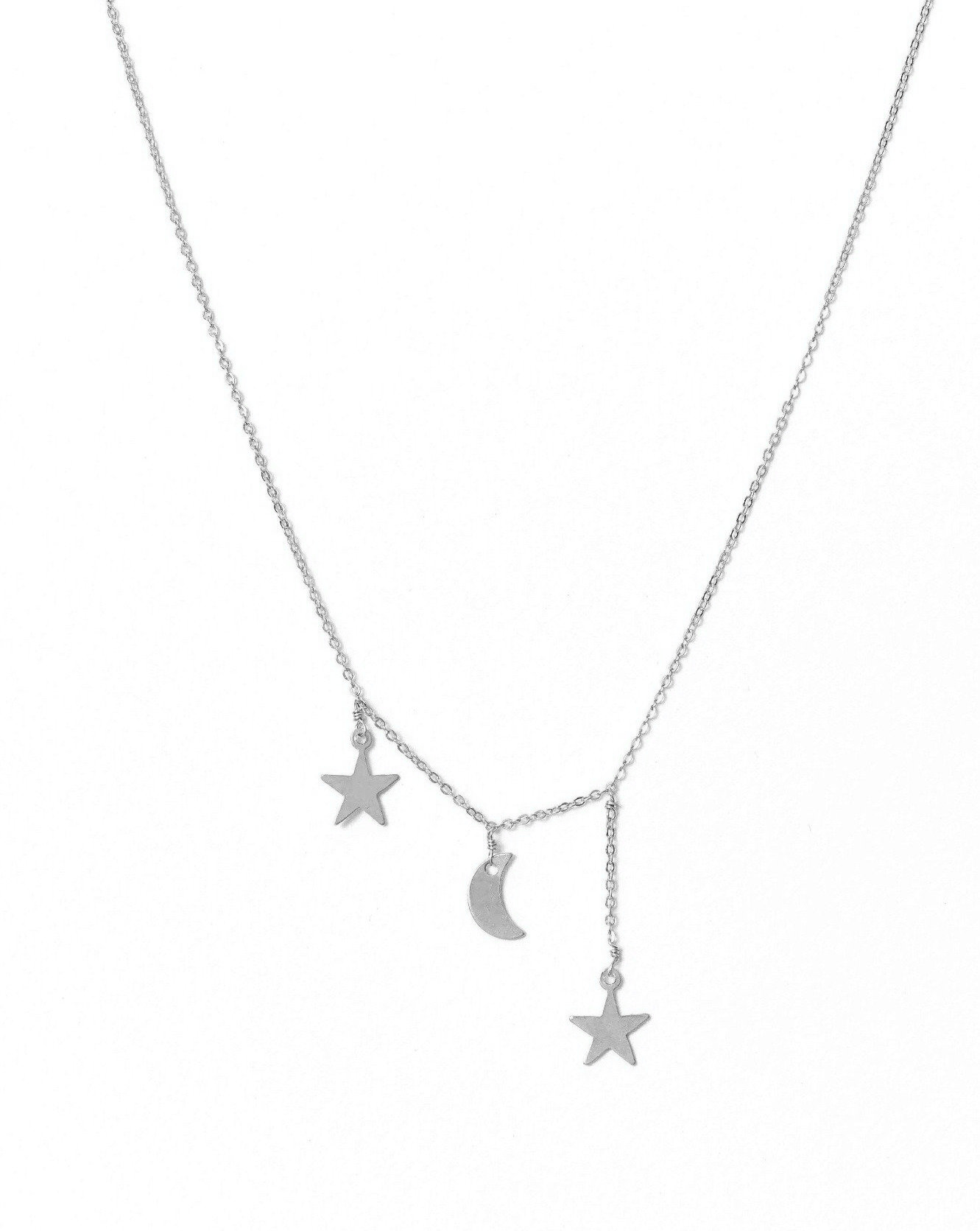 Filante Necklace by KOZAKH. A 16 to 18 inch adjustable length necklace in Sterling Silver, featuring moon and star charms with 1 star charm drop of about 0.5 inch. 