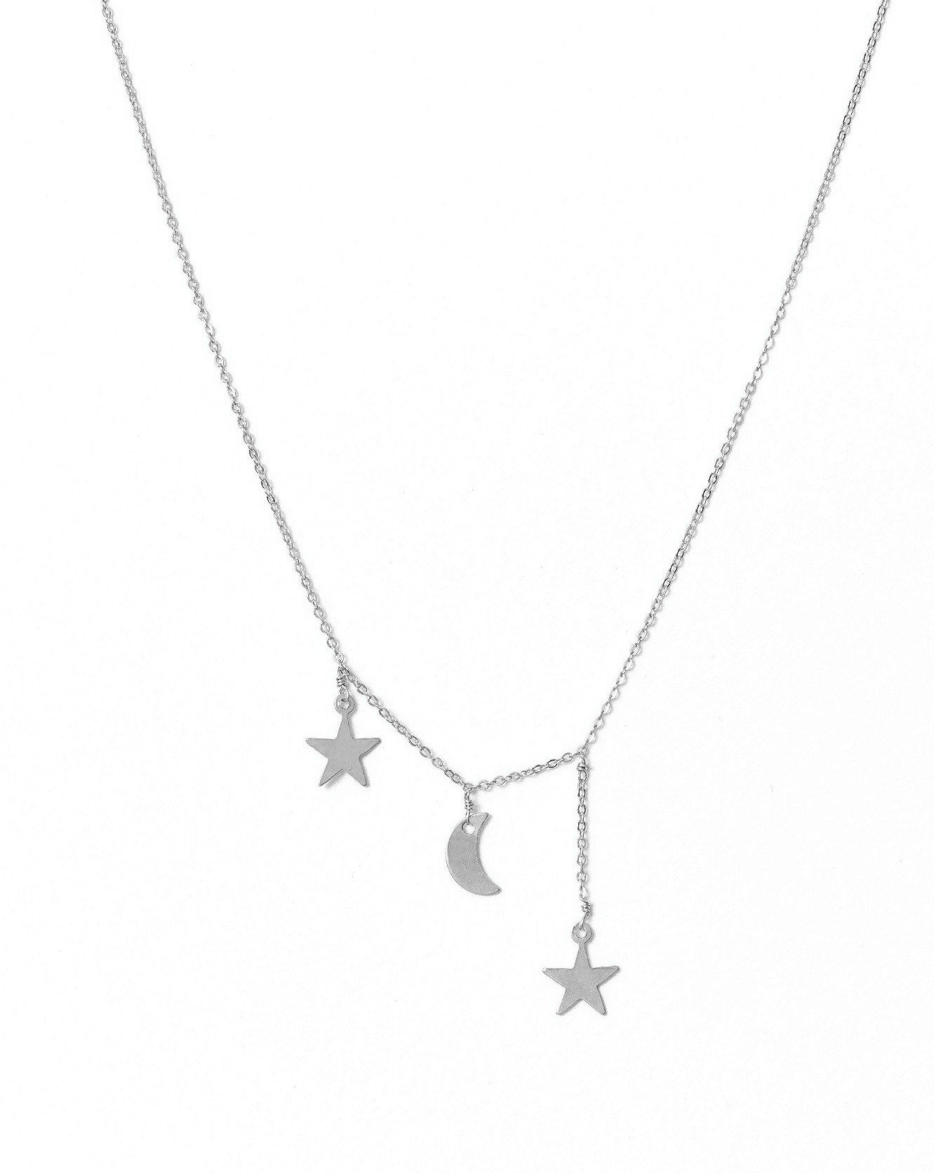 Filante Necklace by KOZAKH. A 16 to 18 inch adjustable length necklace in Sterling Silver, featuring moon and star charms with 1 star charm drop of about 0.5 inch.
