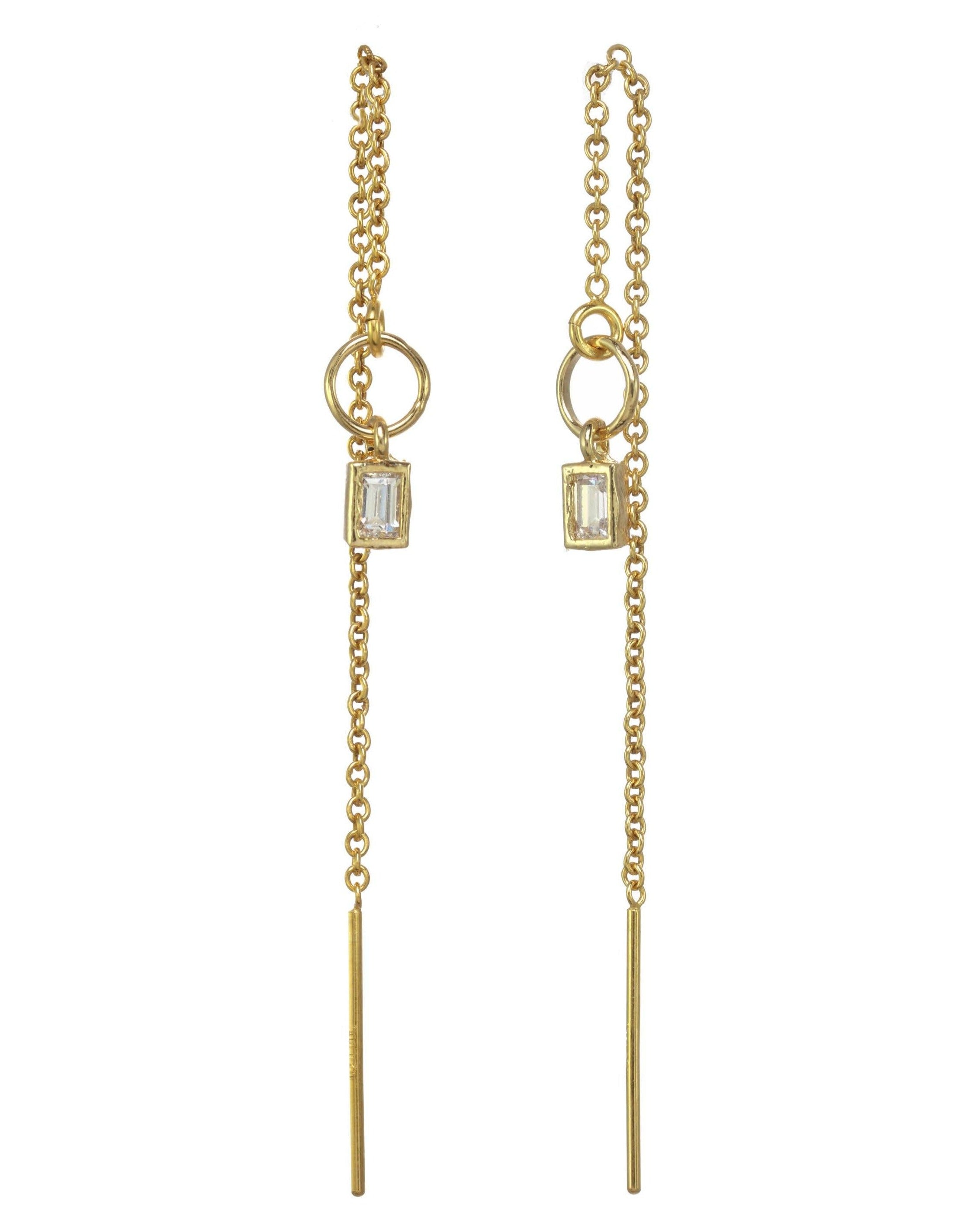 Grace Threaders by KOZAKH. Threader style earrings with drop length of 1 inch on both sides, crafted in 14K Gold Filled, featuring a square cut Cubic Zirconia.