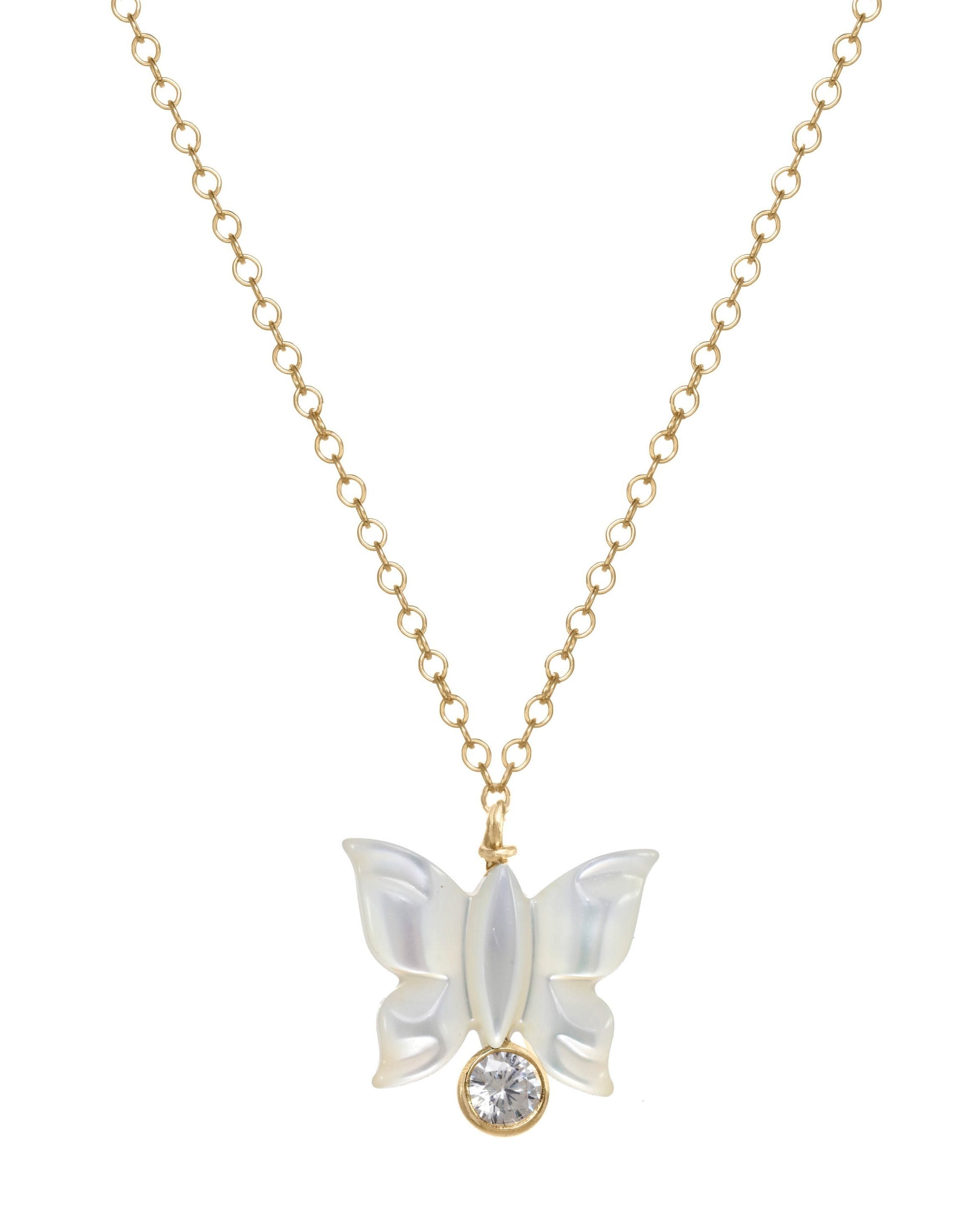 Halo Necklace by KOZAKH. A 16 to 18 inch adjustable length necklace in 14K Gold Filled, featuring a hand-carved Mother of Pearl butterfly charm and a 3mm Cubic Zirconia bezel.