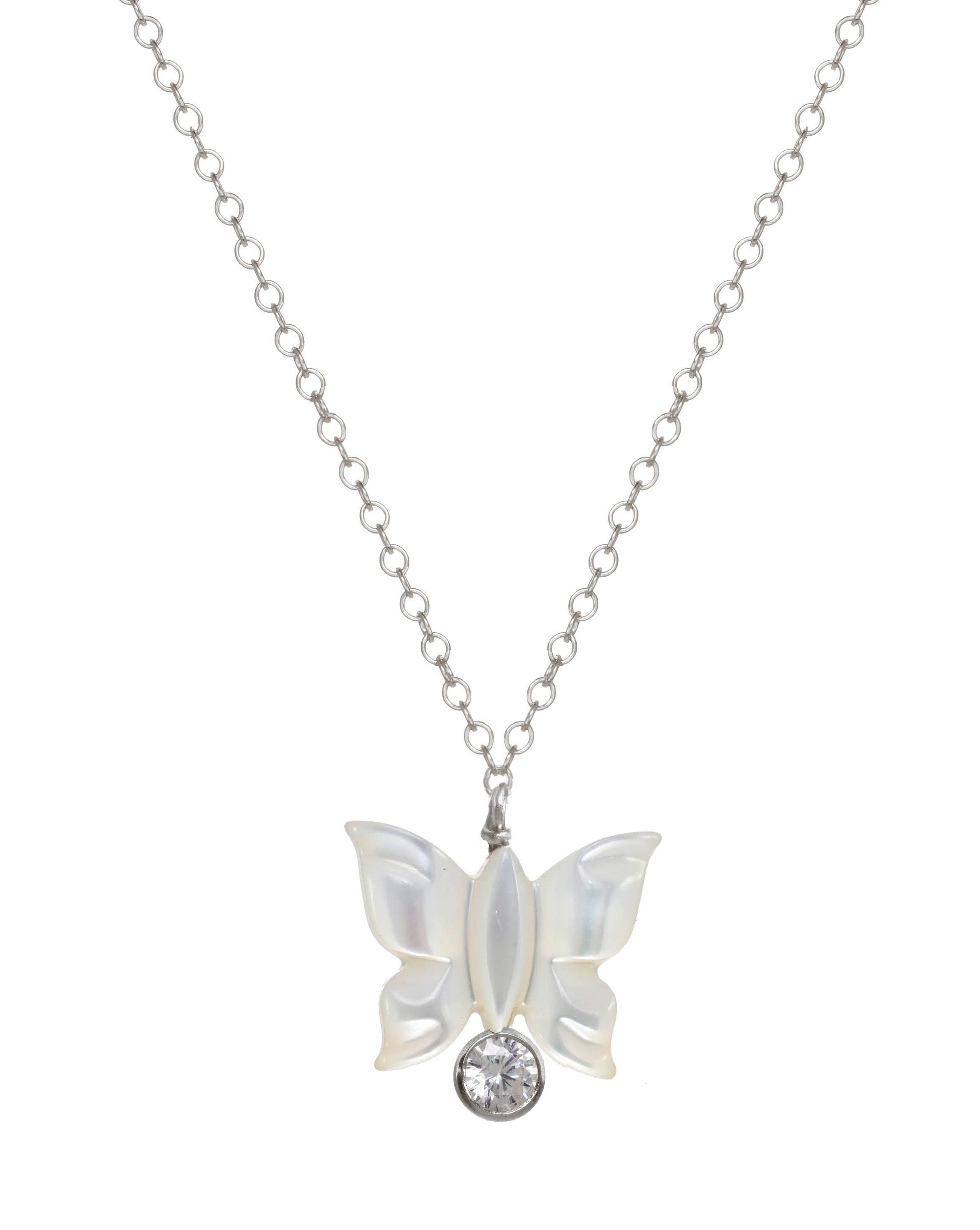Halo Necklace by KOZAKH. A 16 to 18 inch adjustable length necklace in Sterling Silver, featuring a hand-carved Mother of Pearl butterfly charm and a 3mm Cubic Zirconia bezel.