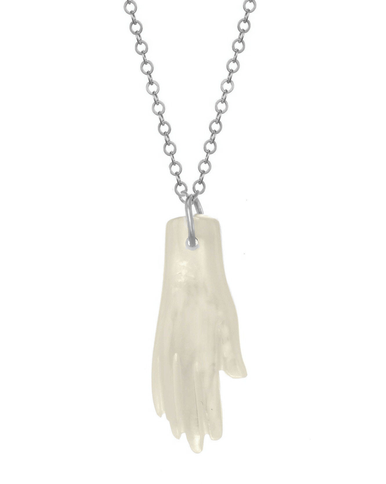 Hana Necklace by KOZAKH. A 16 to 18 inch adjustable length necklace in Sterling Silver, featuring a hand-carved Mother of Pearl hand charm.
