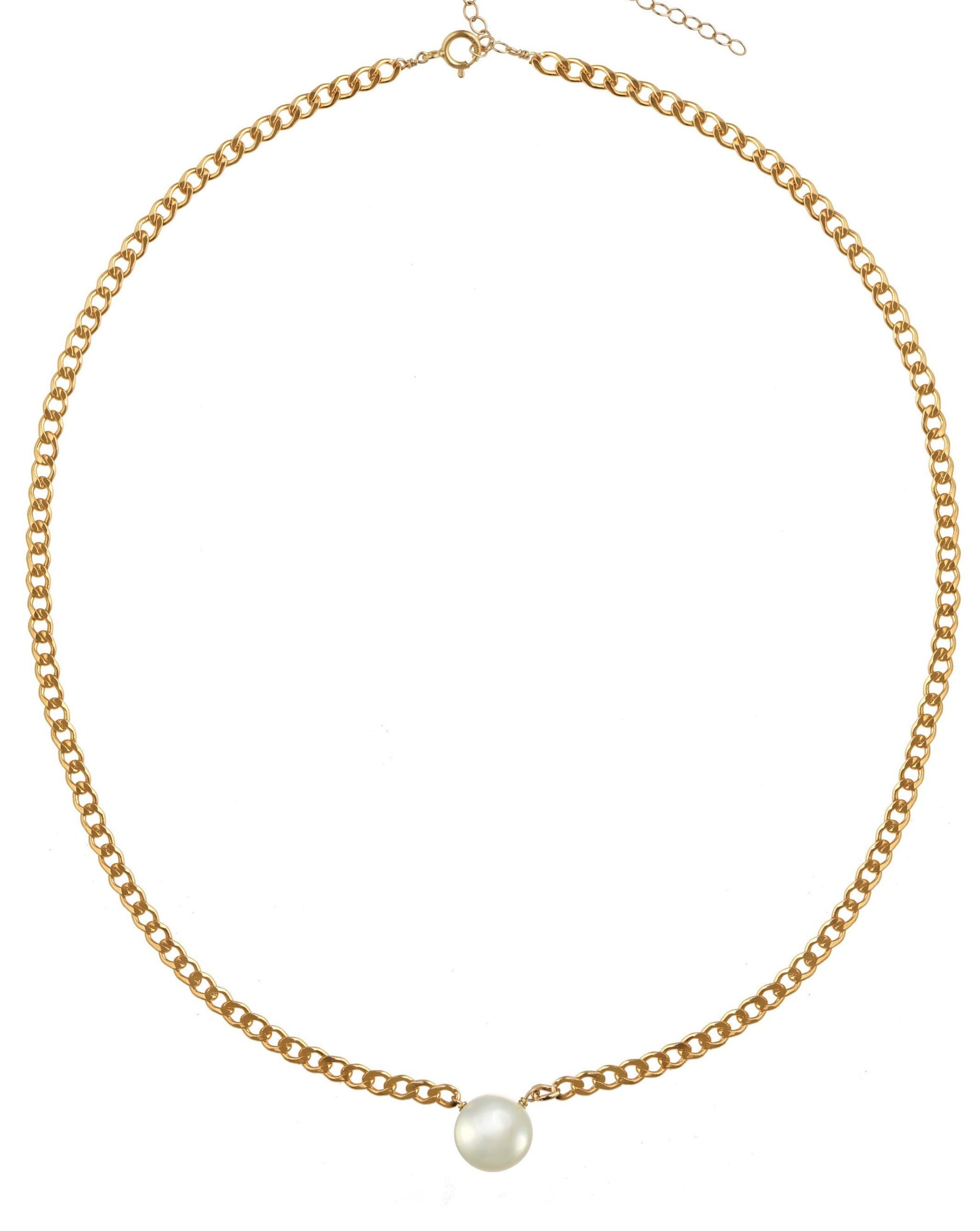 Harper Necklace by KOZAKH. A 16 to 18 inch adjustable length braided chain necklace in 14K Gold Filled, featuring a flat backed Freshwater Pearl.