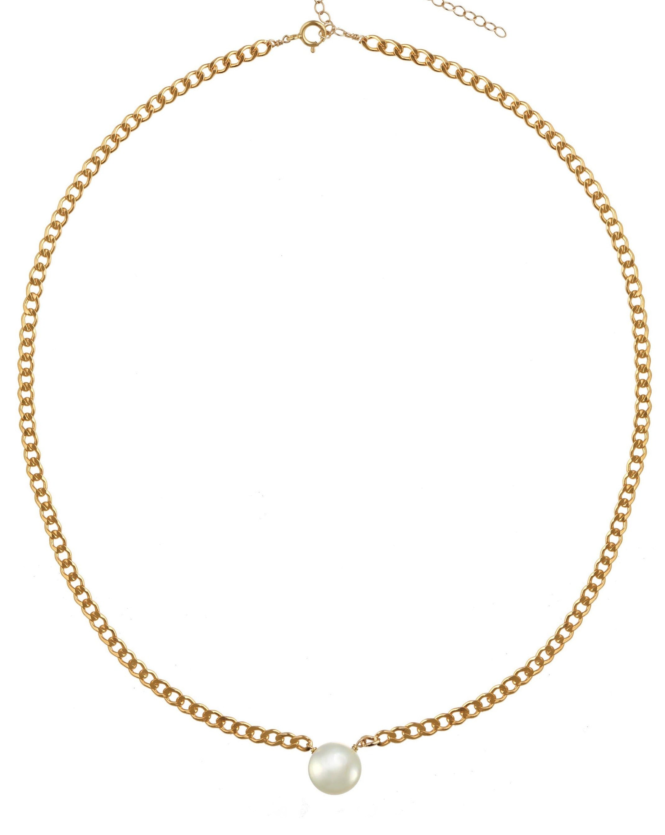 Harper Necklace by KOZAKH. A 16 to 18 inch adjustable length braided chain necklace in 14K Gold Filled, featuring a flat backed Freshwater Pearl.