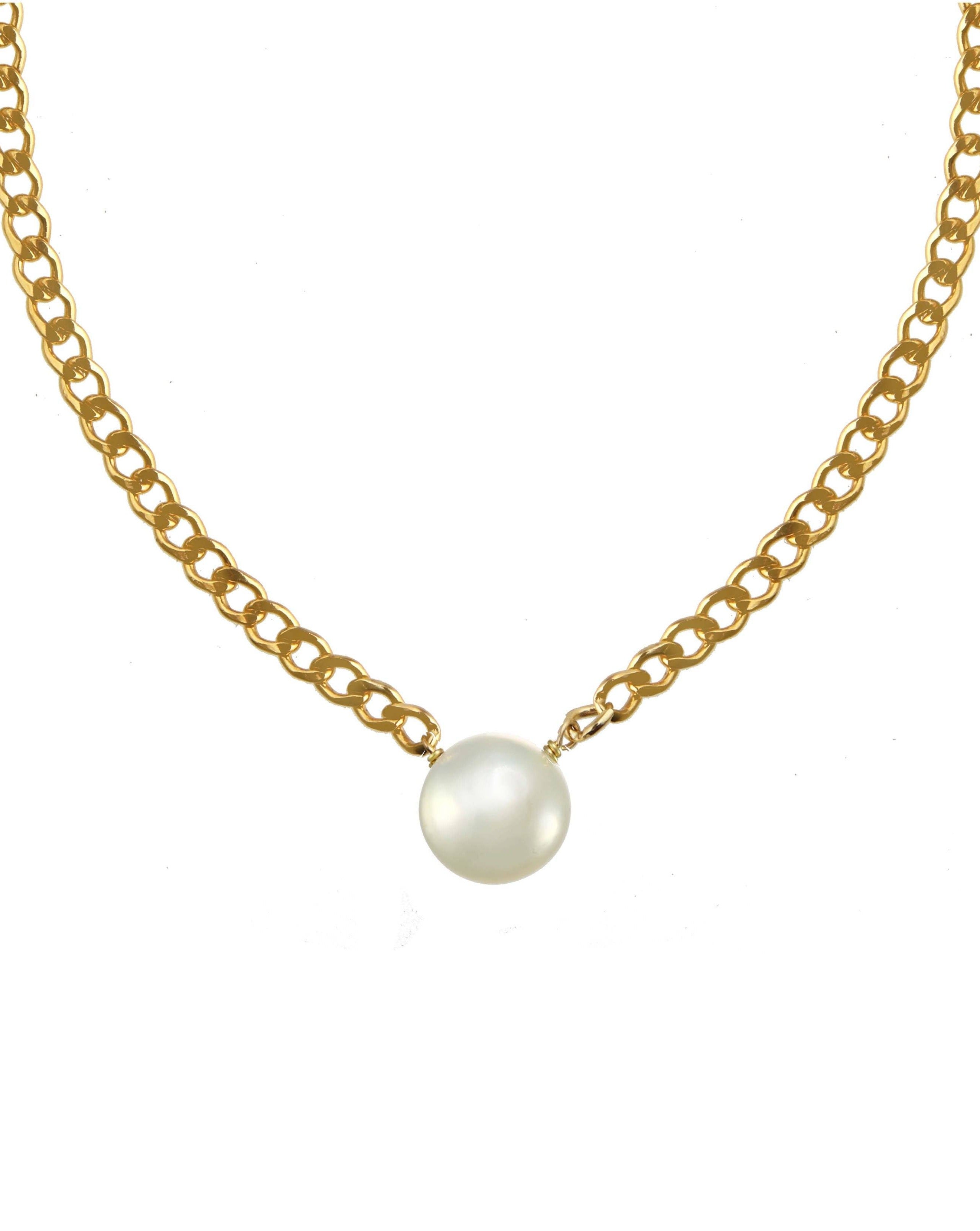 Harper Necklace by KOZAKH. A 16 to 18 inch adjustable length braided chain necklace in 14K Gold Filled, featuring a flat backed Freshwater Pearl.