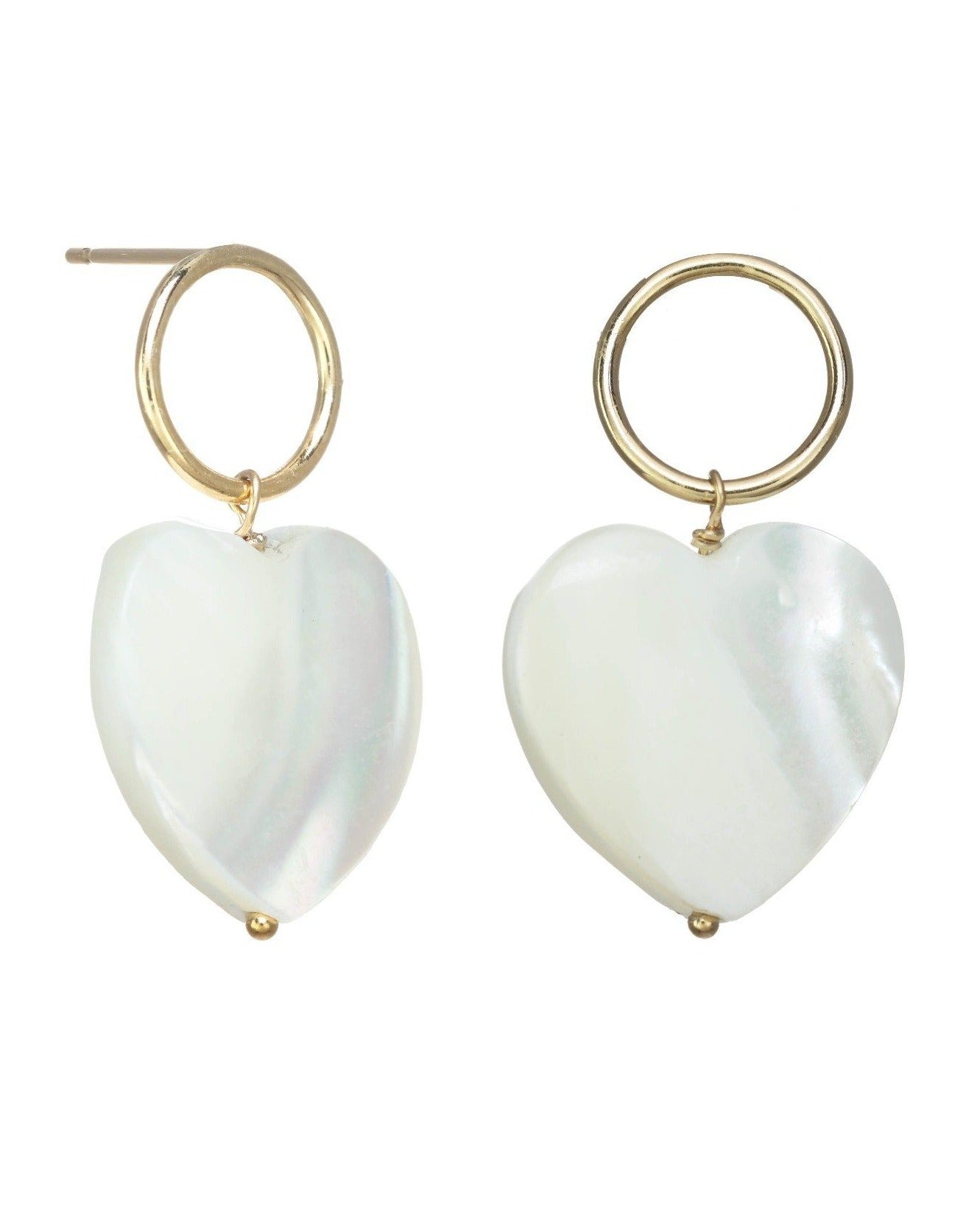 Heart Earrings by KOZAKH. Stud earrings, crafted in 14K Gold Filled, with hoop and hand carved faceted Mother of Pearl heart charm.