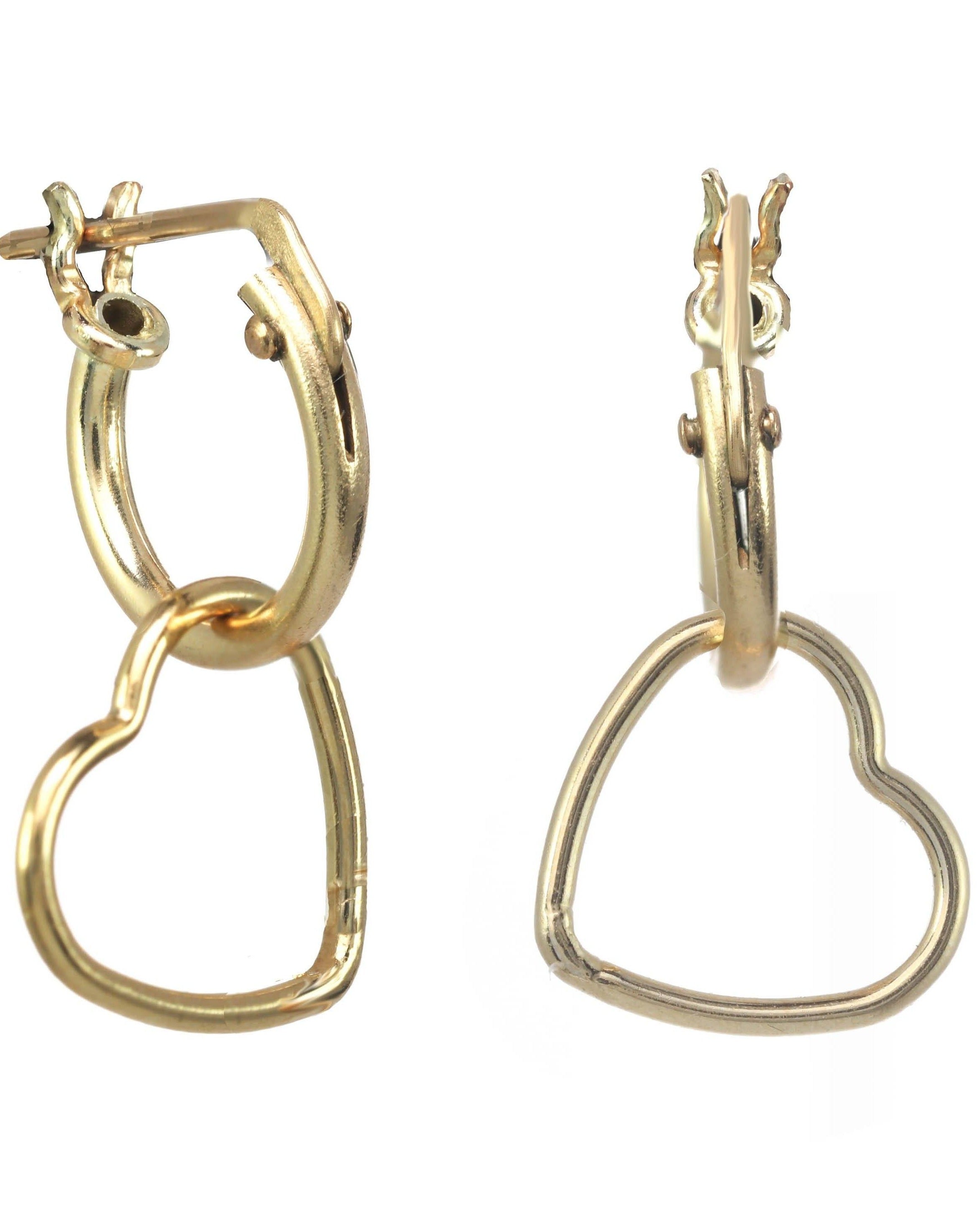 Hera Hoops Earrings by KOZAKH. 10mm snap hoop earrings in 14K Gold Filled, featuring a 13mm heart shaped charm.