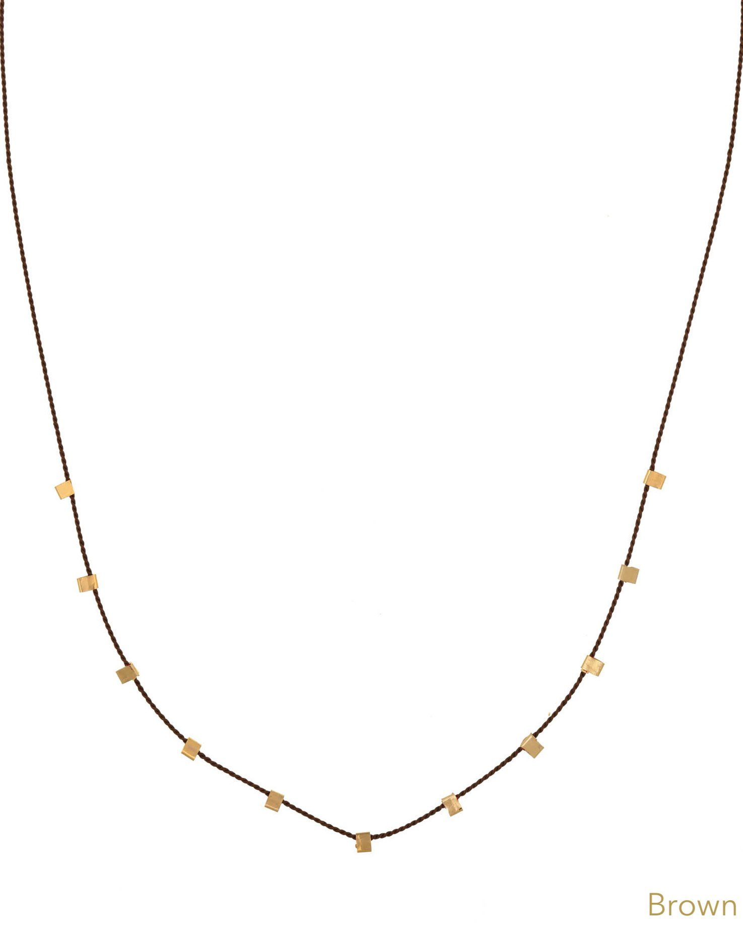 Hilo Necklace by KOZAKH. A 16 inch long natural silk thread necklace, embellished with 14K Gold Filled square cut metals.