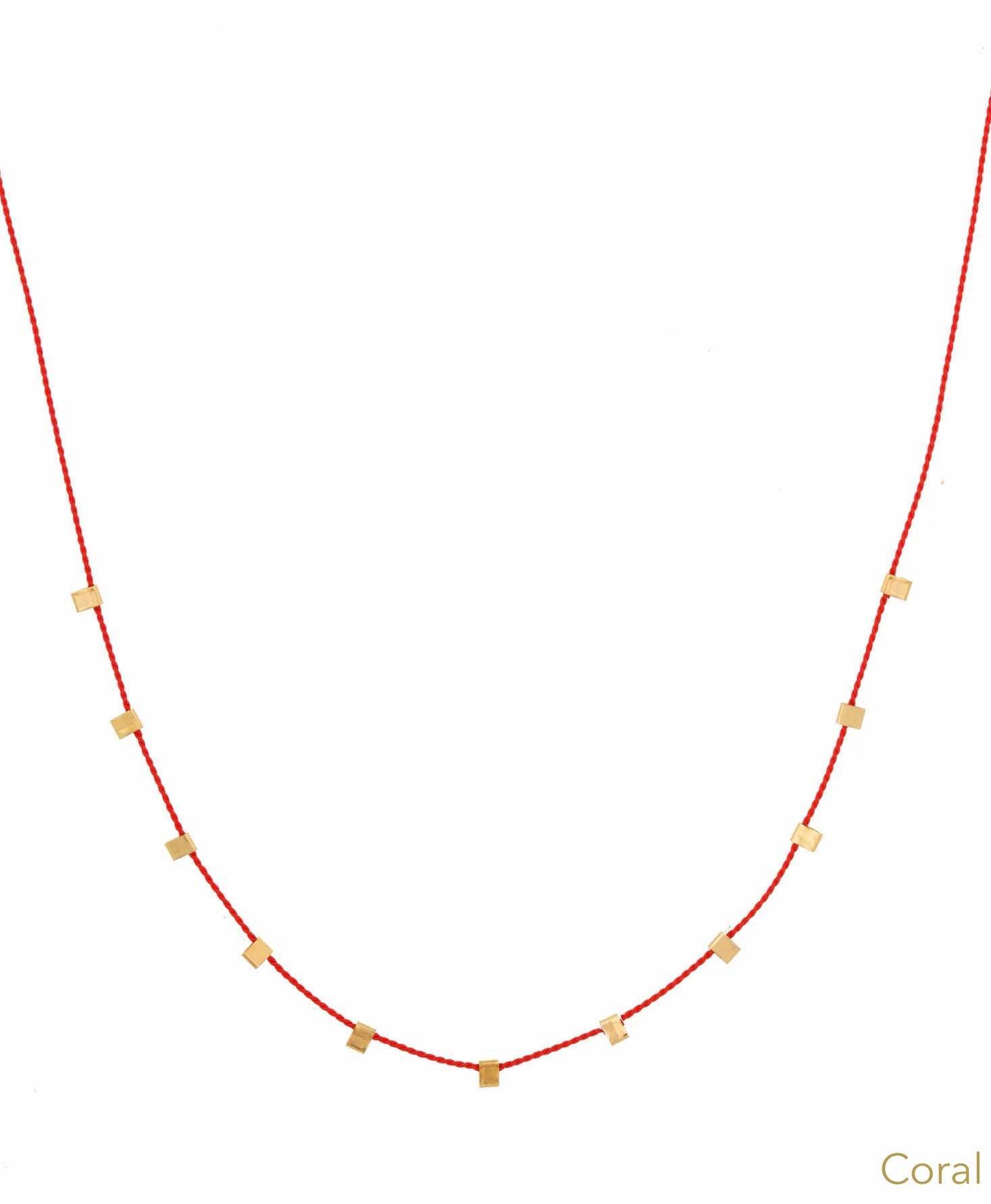 Hilo Necklace by KOZAKH. A 16 inch long natural silk thread necklace, embellished with 14K Gold Filled square cut metals.