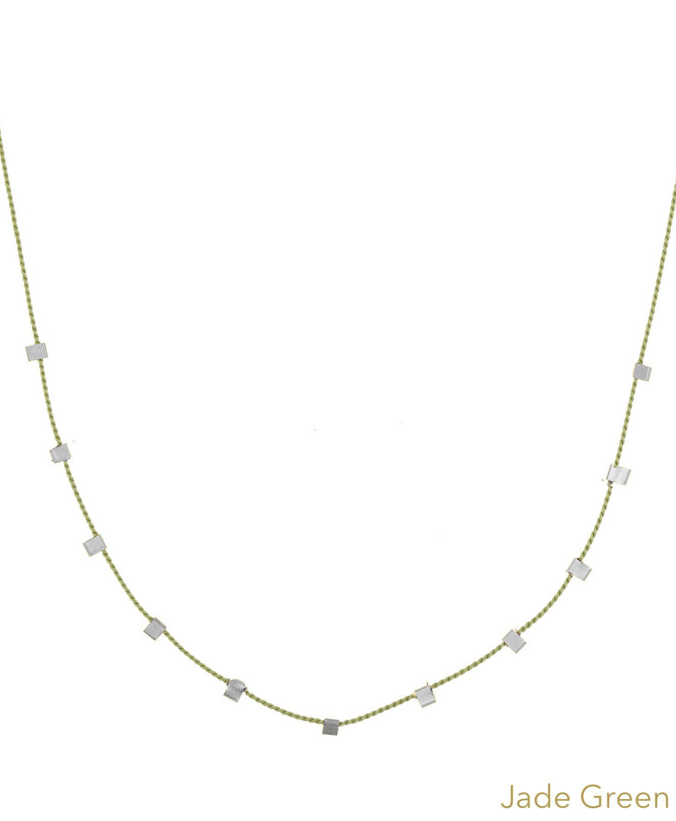 Hilo Necklace by KOZAKH. A 16 inch long natural silk thread necklace, embellished with Sterling Silver square cut metals.