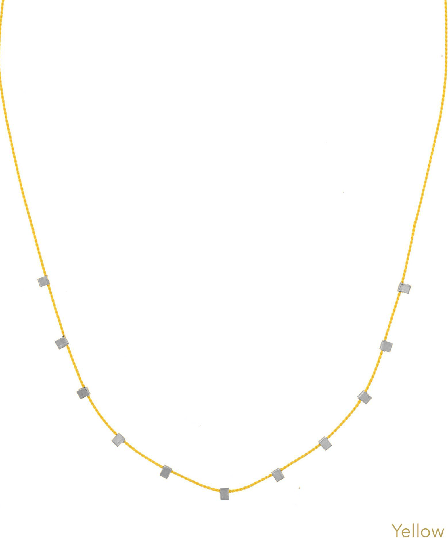 Hilo Necklace by KOZAKH. A 16 inch long natural silk thread necklace, embellished with Sterling Silver square cut metals.