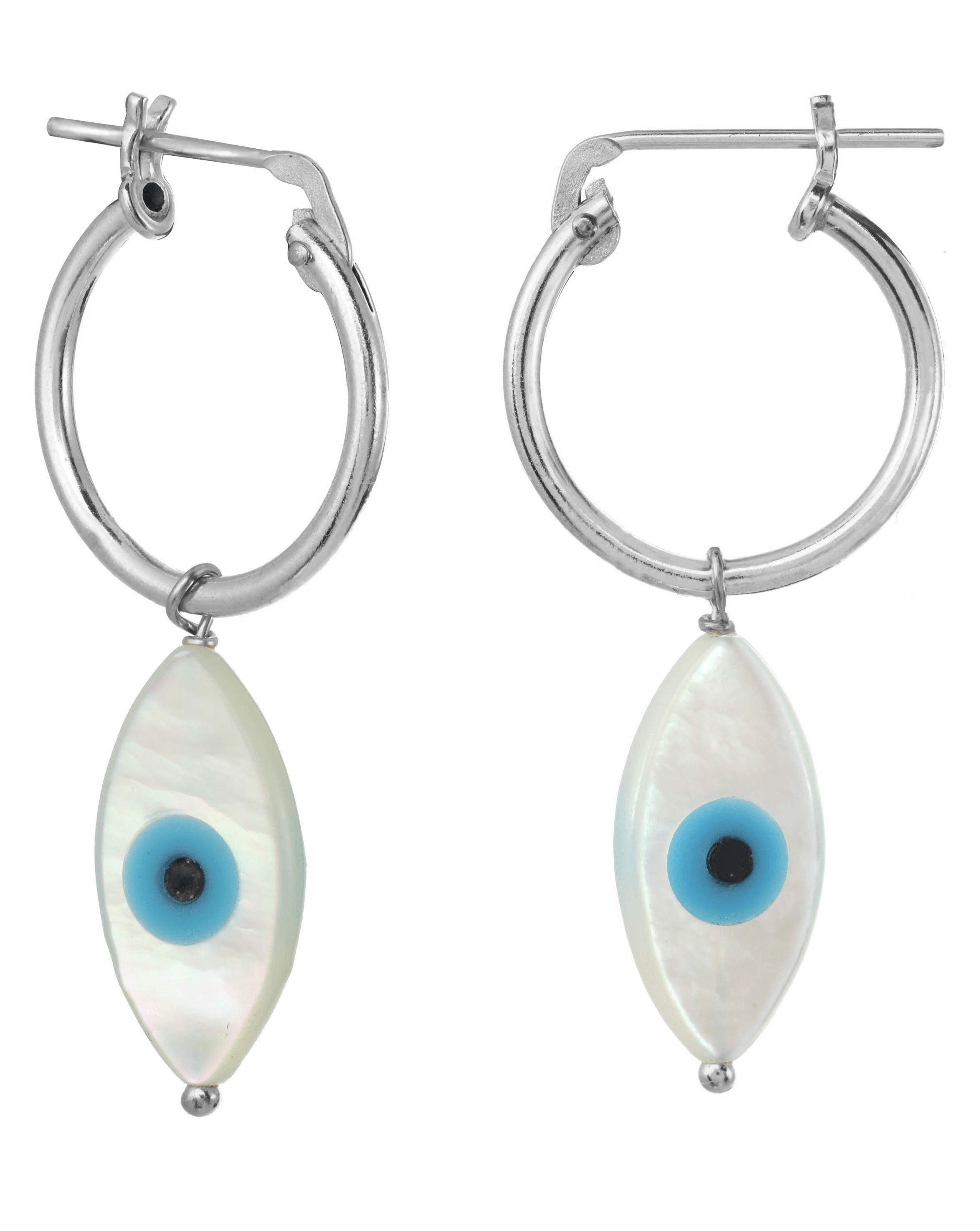 Ima Hoop Earrings by KOZAKH. 15mm snap closure hoop earrings, crafted in Sterling Silver, featuring hand carved Mother of Pearl Evil Eye charm.