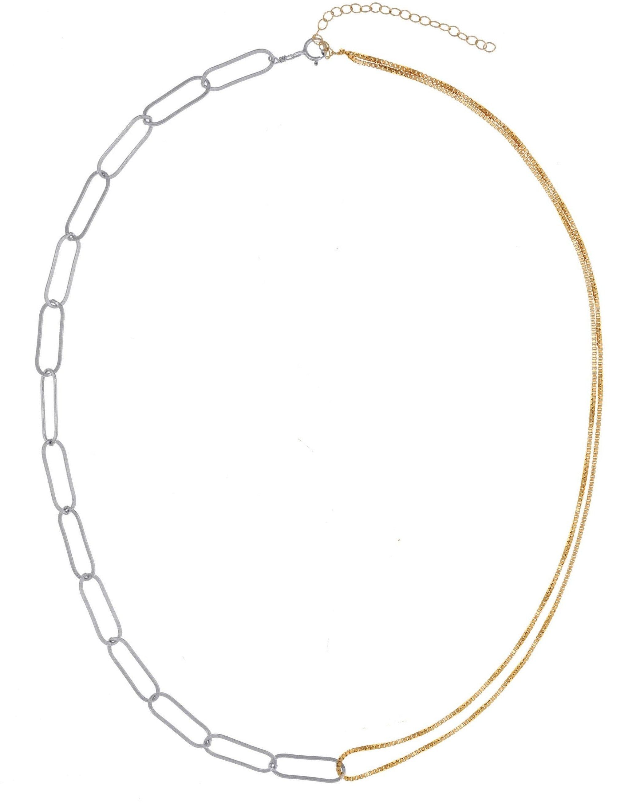 Isabella Necklace KOZAKH Isabella Necklace by KOZAKH. A 14 to 16 inch adjustable length combo chain necklace with gold box chain and silver paperclip chain. The Flat Link Chain is in Sterling Silver chain and the 1mm Box chain is in 14k Gold Filled.