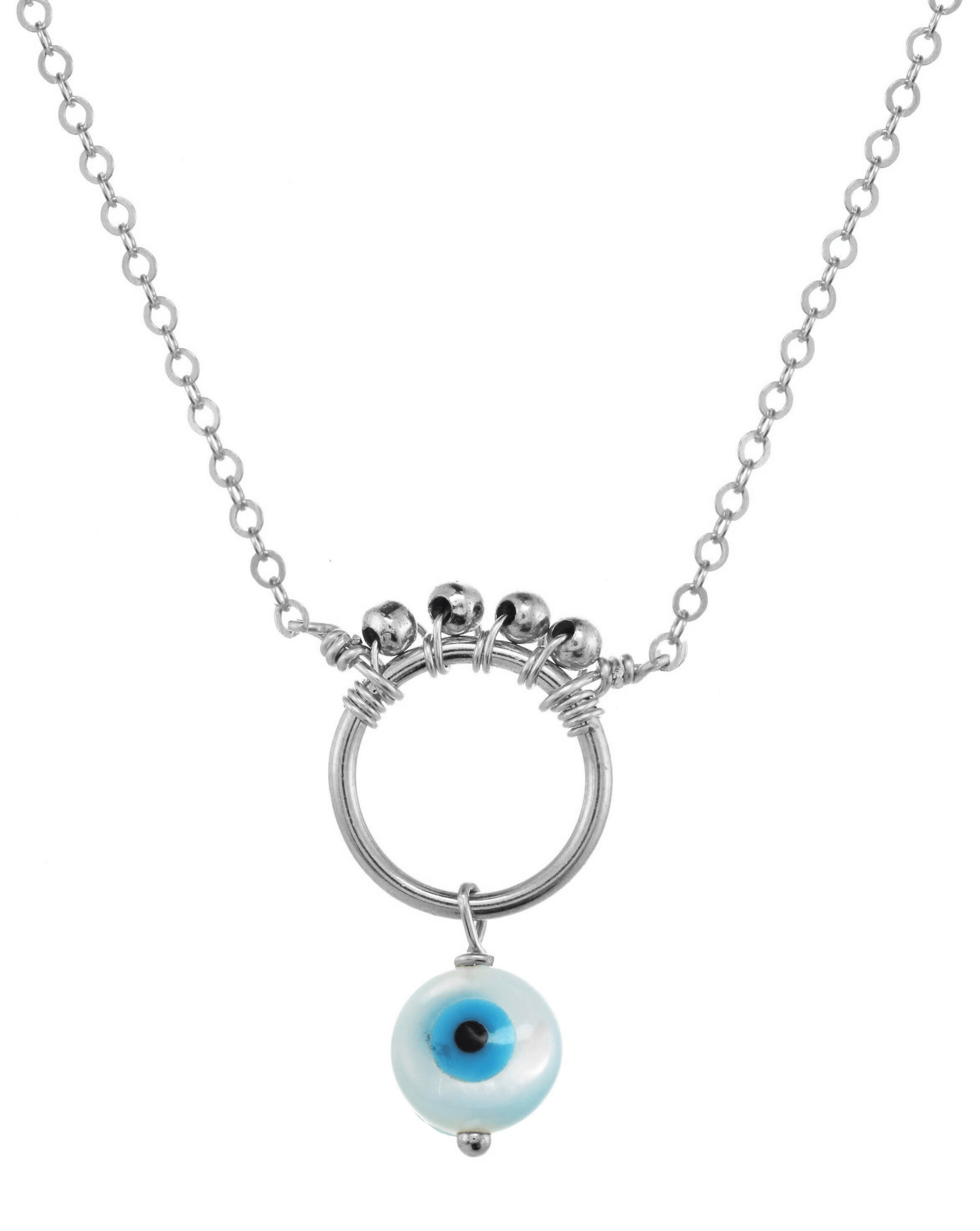 Ivy Necklace by KOZAKH. A 16 to 18 inch adjustable length necklace in Sterling Silver, featuring a hand carved Mother of Pearl Evil Eye charm and 2mm Seamless silver beads.