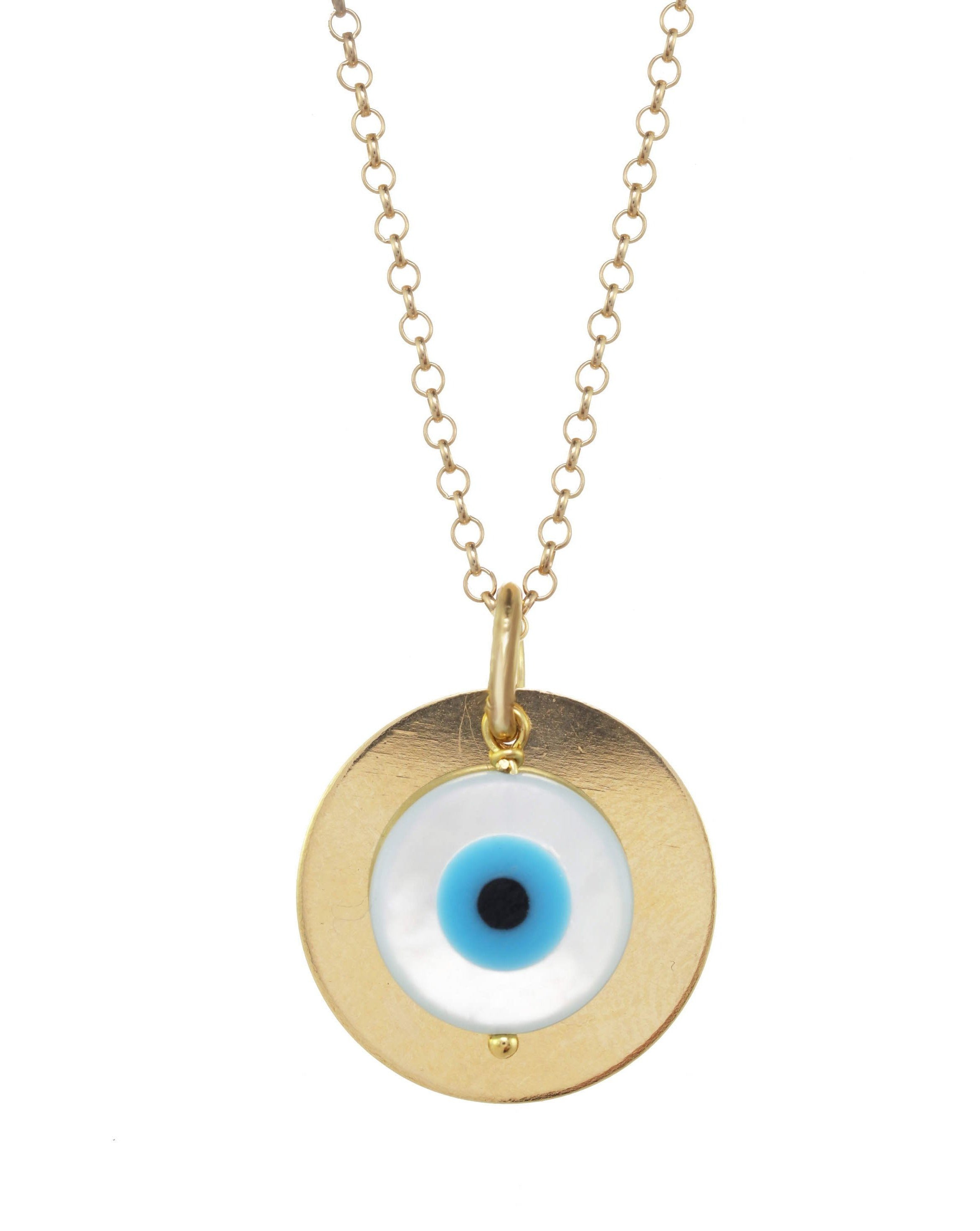 Iza Necklace by KOZAKH. An 18 to 20 inch adjustable length, 1mm thick Rollo chain necklace in 14k Gold Filled, featuring a 16mm Flat Coin and a 7mm hand carved Mother of Pearl evil eye charm.