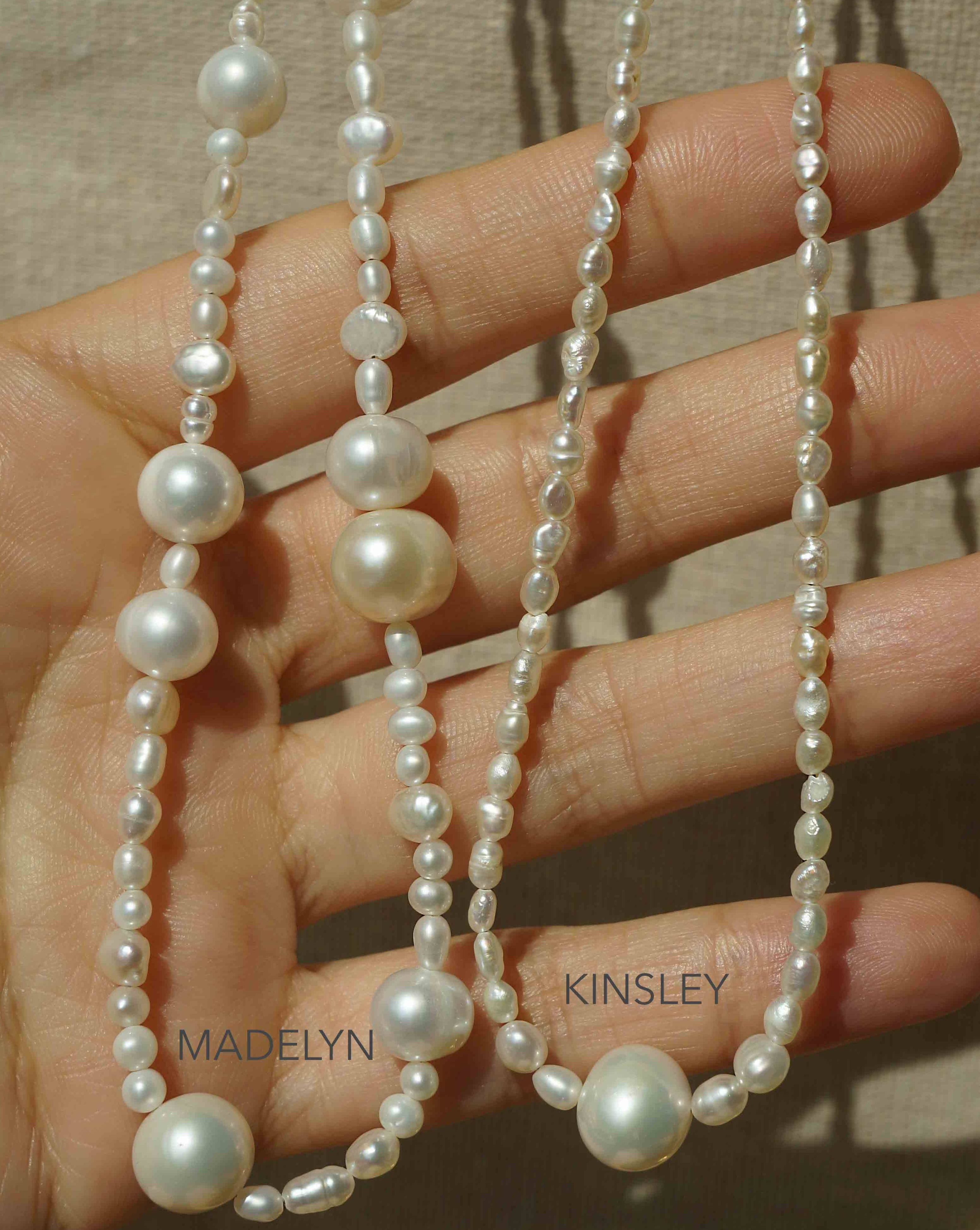 Kinsley Necklace by KOZAKH. A 14 to 16 inch adjustable length, Freshwater Pearls beaded necklace with 14K Gold Filled clasp.