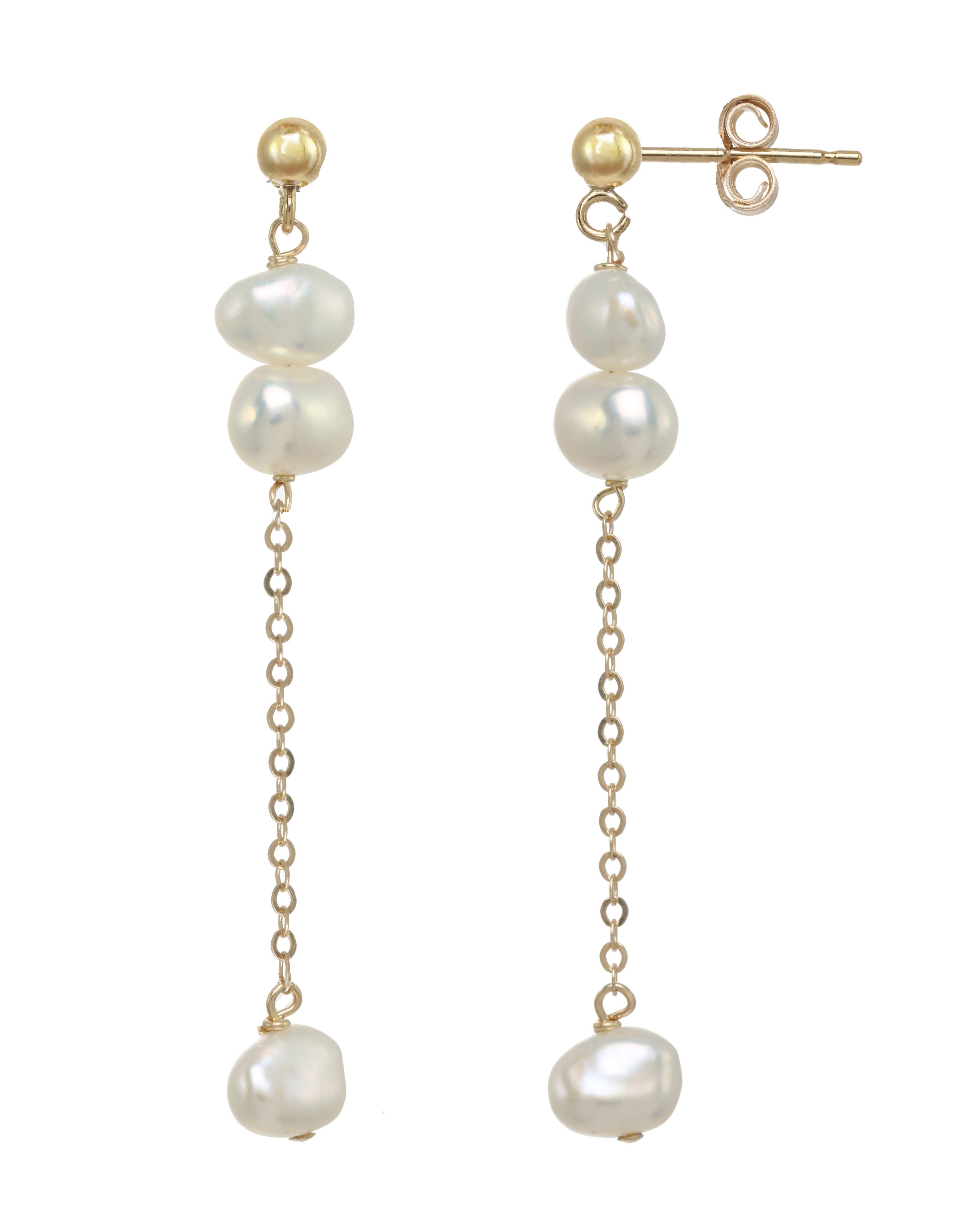 Laleh Earrings by KOZAKH. 3mm ball stud drop earrings in 14K Gold Filled, featuring 4x5mm irregular freshwater Pearls.