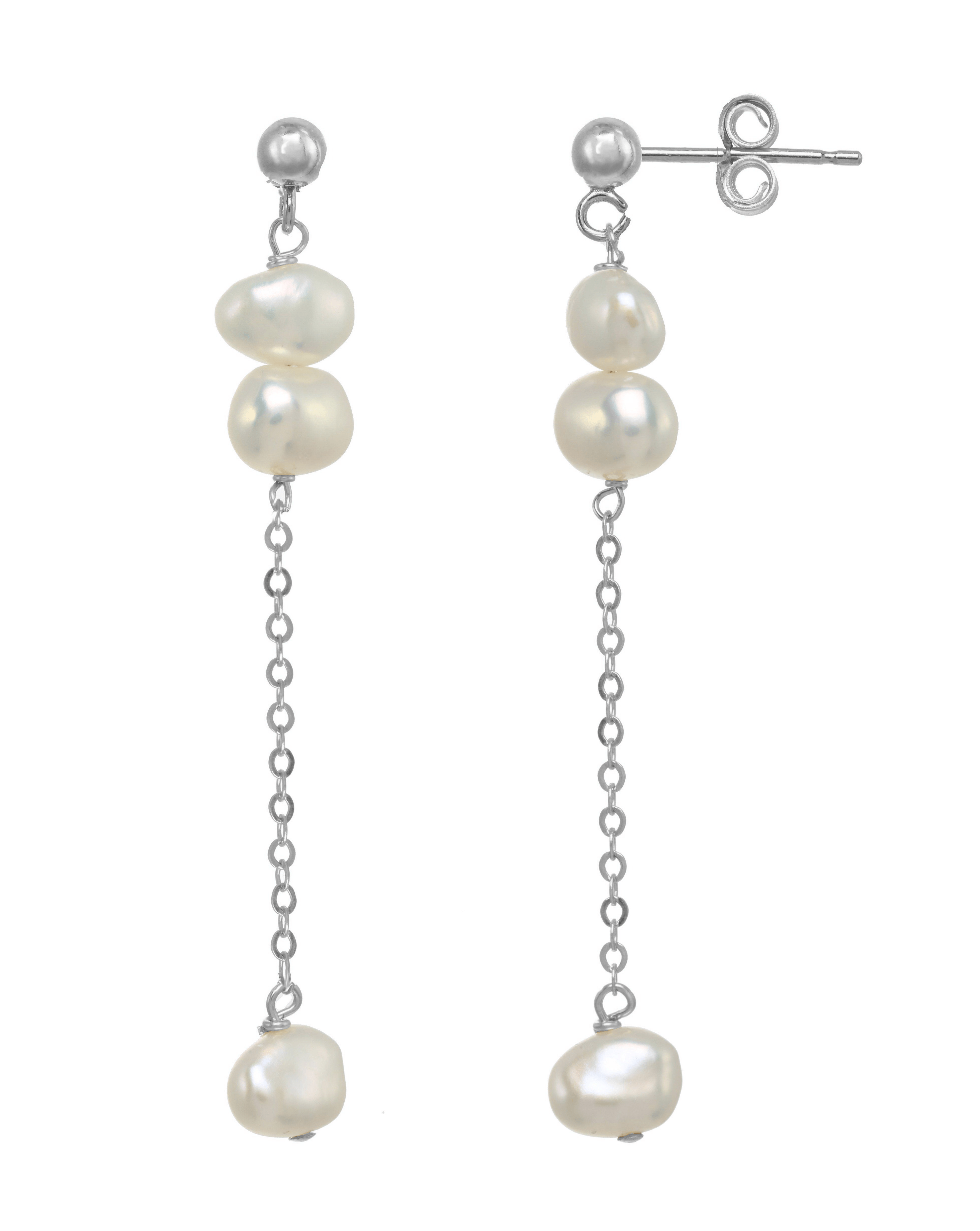 Laleh Earrings by KOZAKH. 3mm ball stud drop earrings in Sterling Silver, featuring 4x5mm irregular freshwater Pearls.