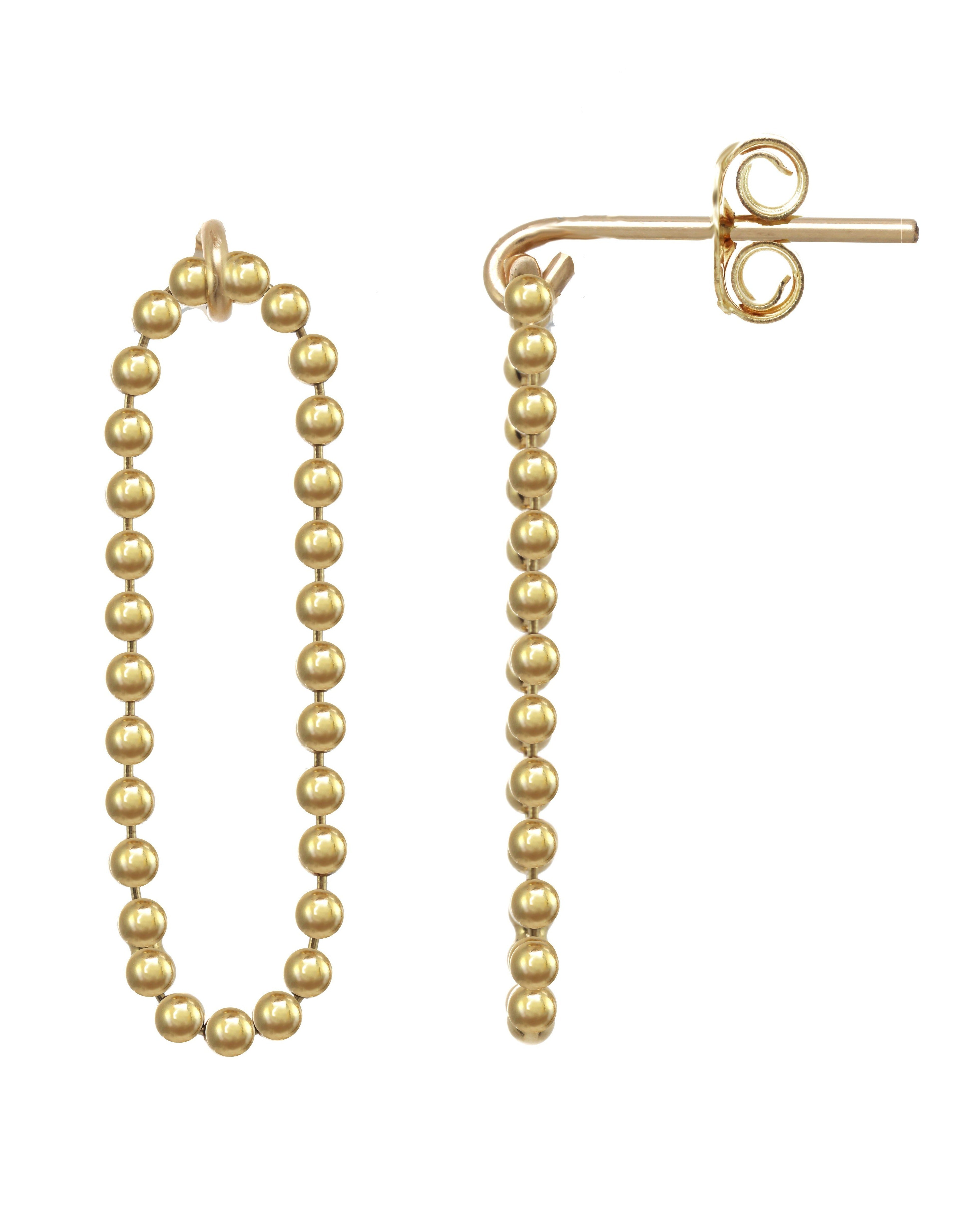 Lata Earrings by KOZAKH. 14K Gold Filled drop style stud earrings, with drop length of 1 inch, featuring linked gold balls.