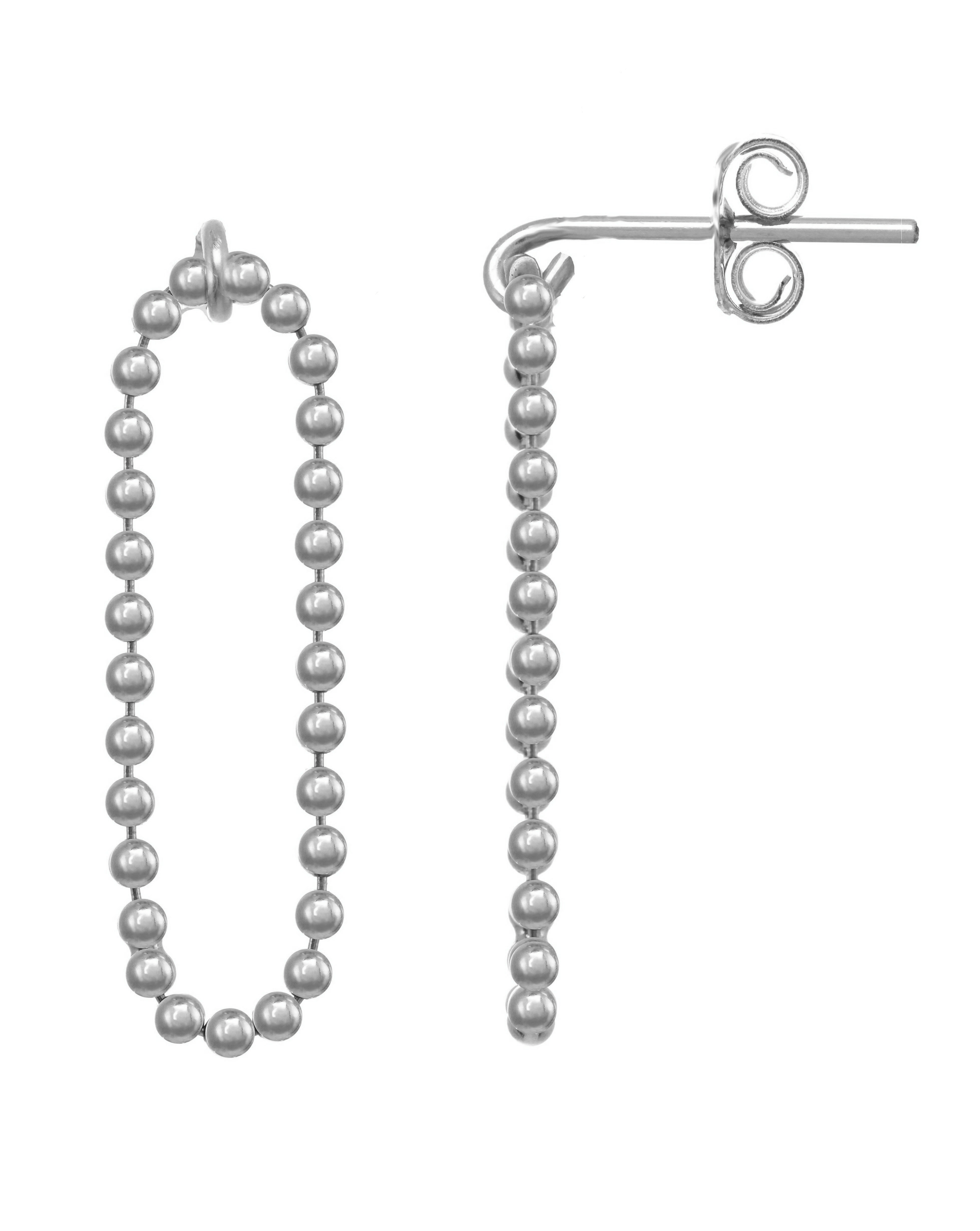 Lata Earrings by KOZAKH. Sterling Silver drop style stud earrings, with drop length of 1 inch, featuring linked silver balls.