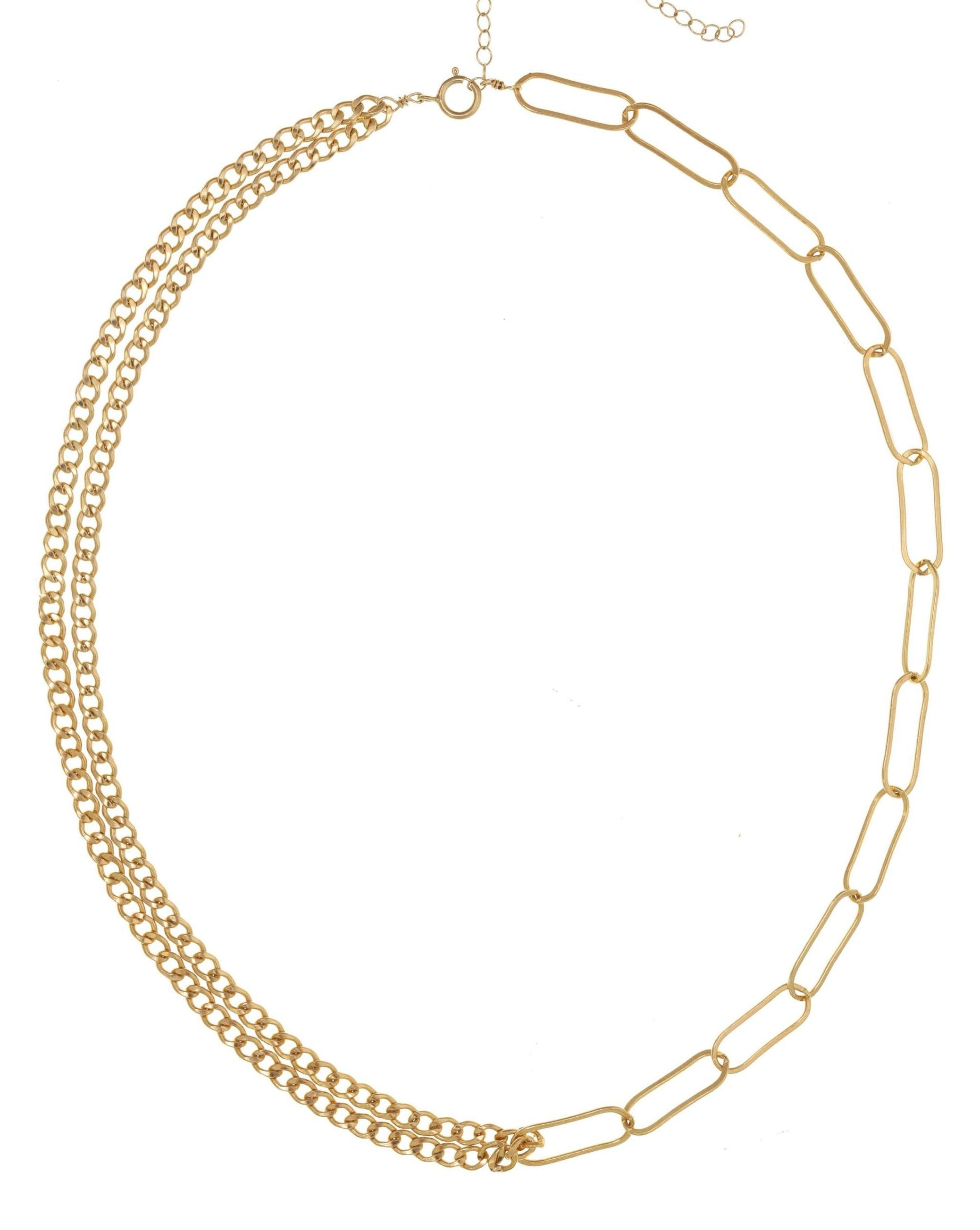 Lilian Necklace by KOZAKH. A 14 to 16 inch adjustable length, combo chain necklace in 14K Gold Filled, with half of it is braided chain and paperclip chain on the other half.