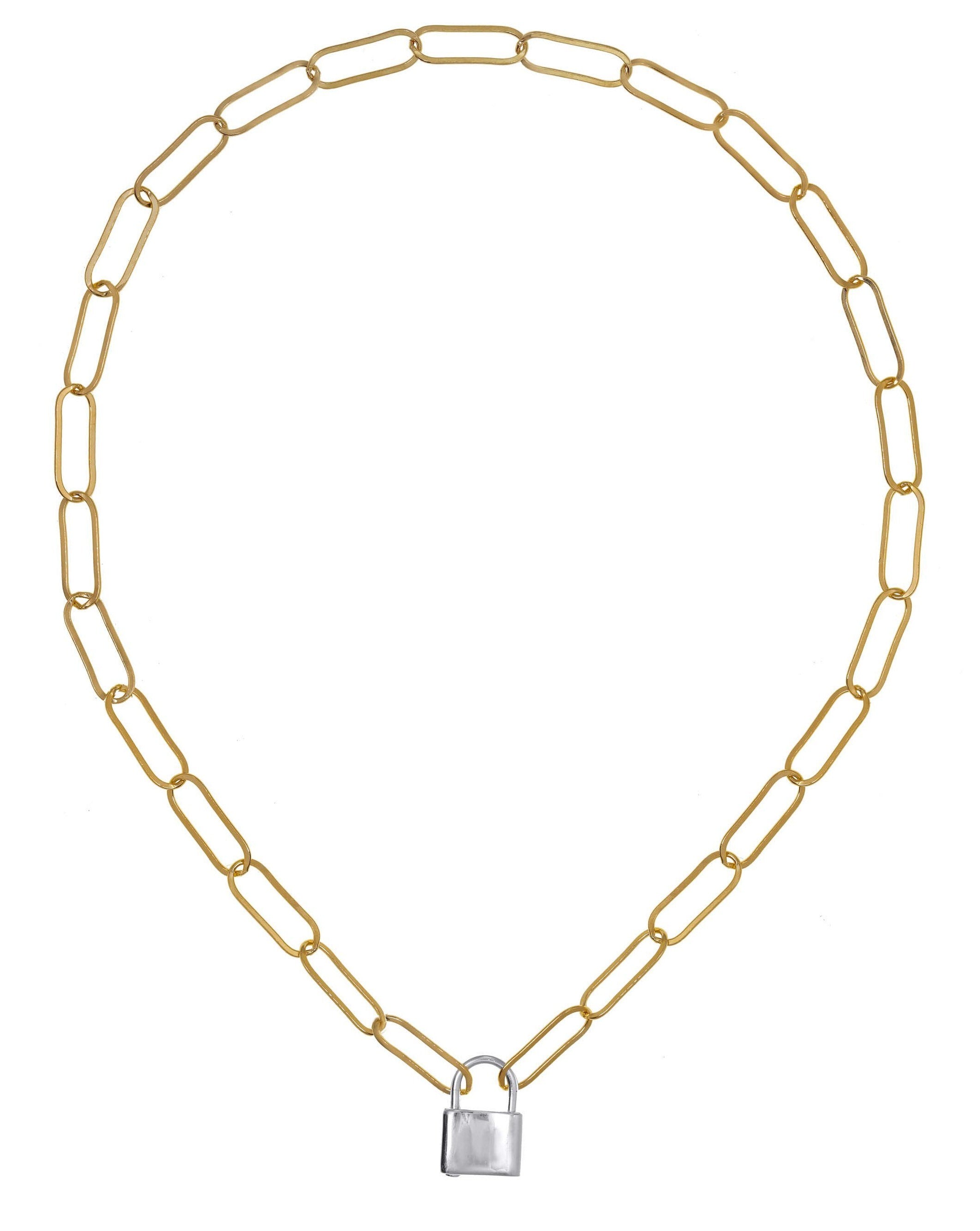 Locklyn Necklace by KOZAKH. A 15 inches long paperclip style chain necklace, crafted in 14K Gold Filled, featuring a Sterling Silver padlock closure.
