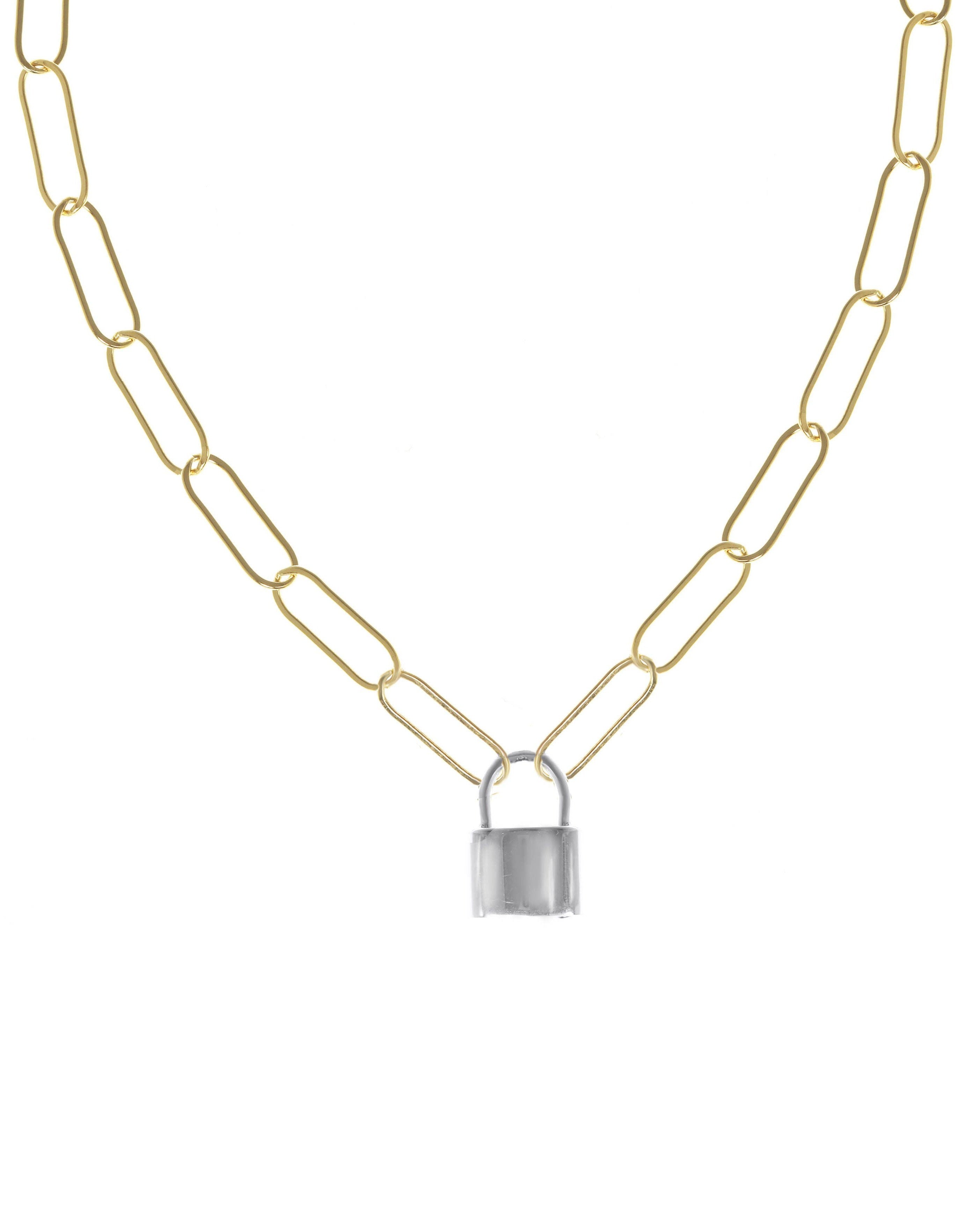 Locklyn Necklace by KOZAKH. A 15 inches long paperclip style chain necklace, crafted in 14K Gold Filled, featuring a Sterling Silver padlock closure.