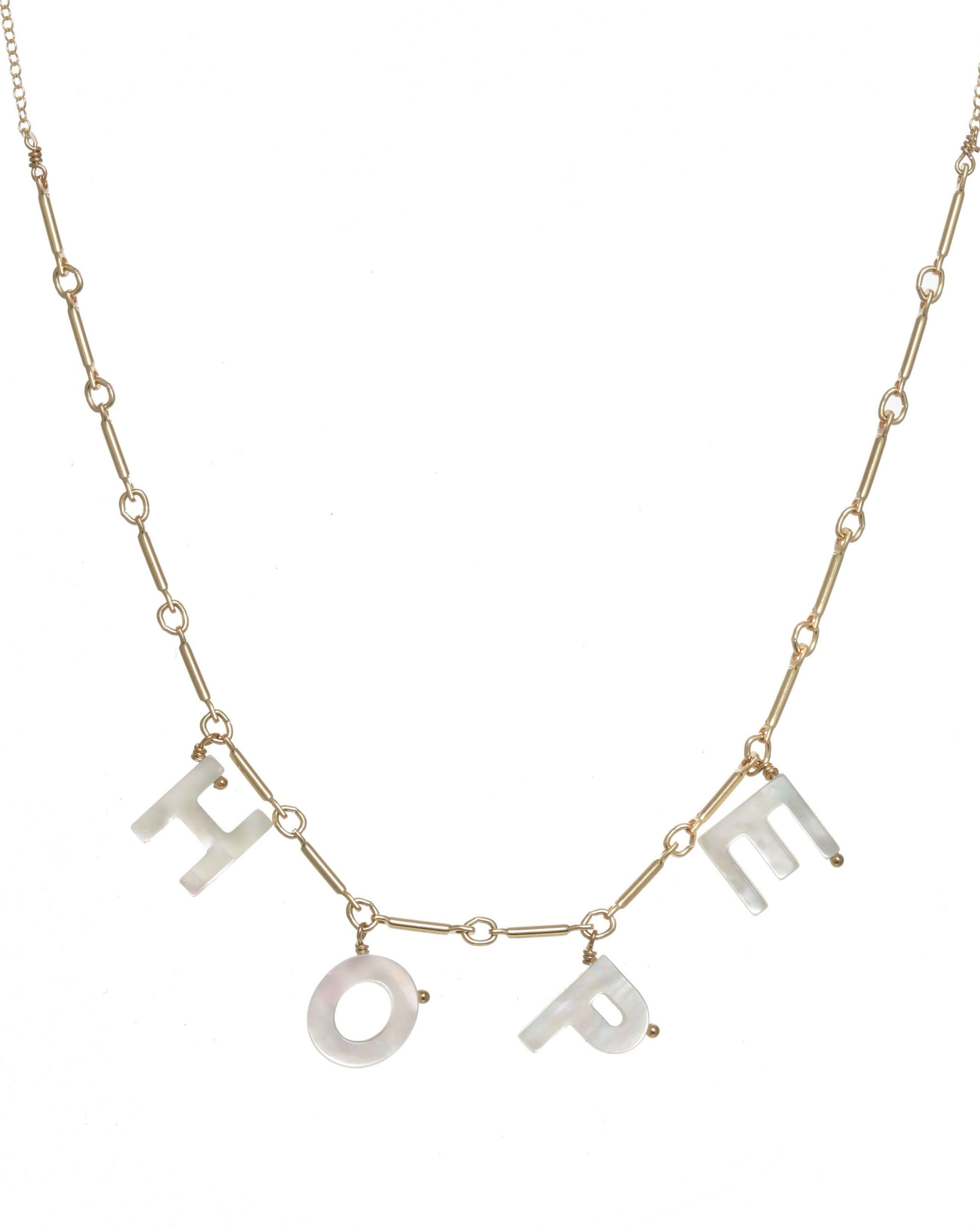 Love Necklace by KOZAKH. A 16 to 18 inch adjustable length necklace with linked bar chain on bottom half and flat link chain on top half, crafted in 14K Gold Filled, featuring a customizable word made from hand carved Mother of Pearl letters.